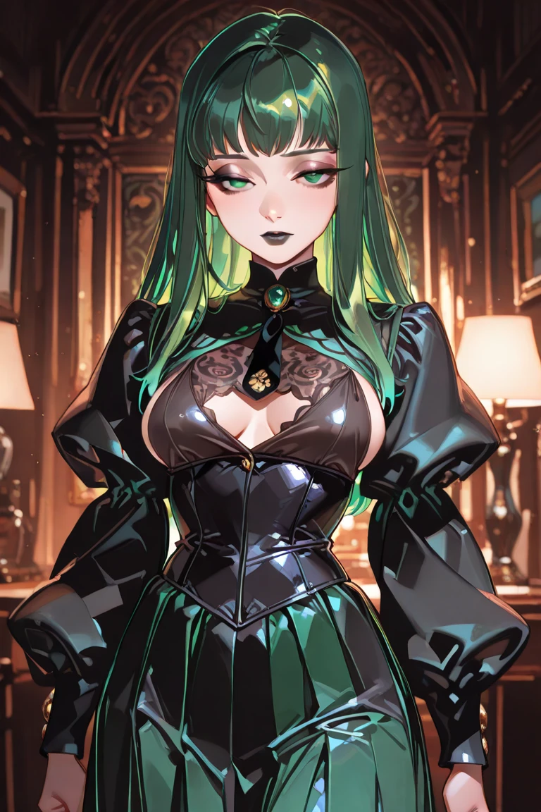 Absurdres masterpiece HDR high quality picture of realistic, 1girl, lime green hair, red eyes, hatsune miku, Disney style evil queen, castle, light particles, light rays from window, wallpaper,
