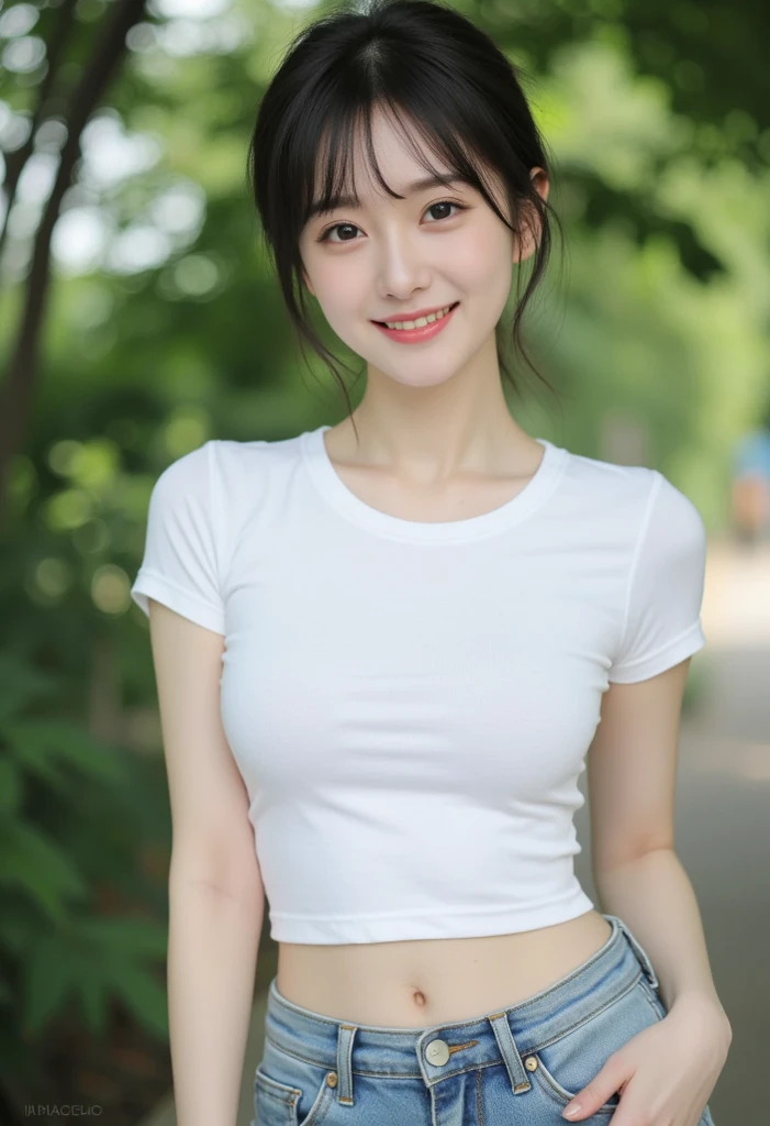 (((Highest quality))) ((masterpiece)) ((Really beautiful girl)) 14 years old Talented girl (Cute face) Idol-like face clear ((Baby Face)) sexy Slim figure Outdoor White T-shirt, short sleeves, denim, shorts (Soft breasts) (Large Breasts) Emphasize the chest (whole body) He is short smile Creating Bangs
