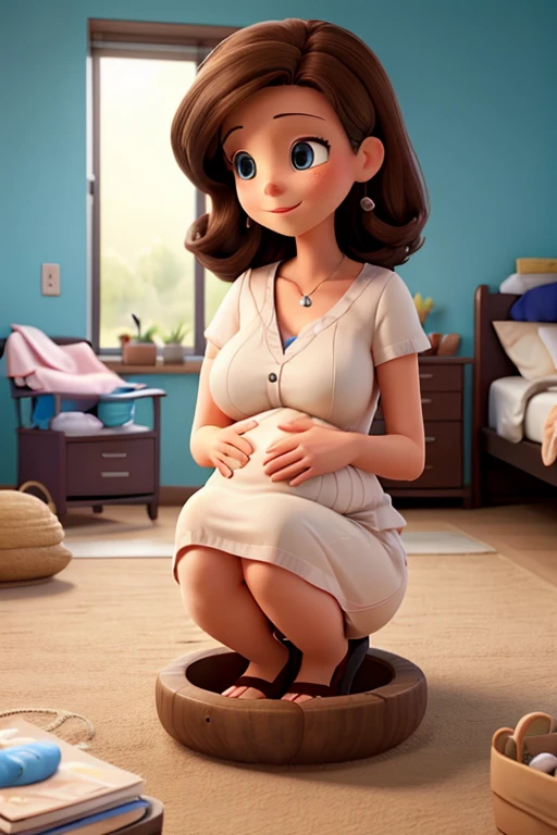 create an image of a young pregnant short hair woman standing in her room