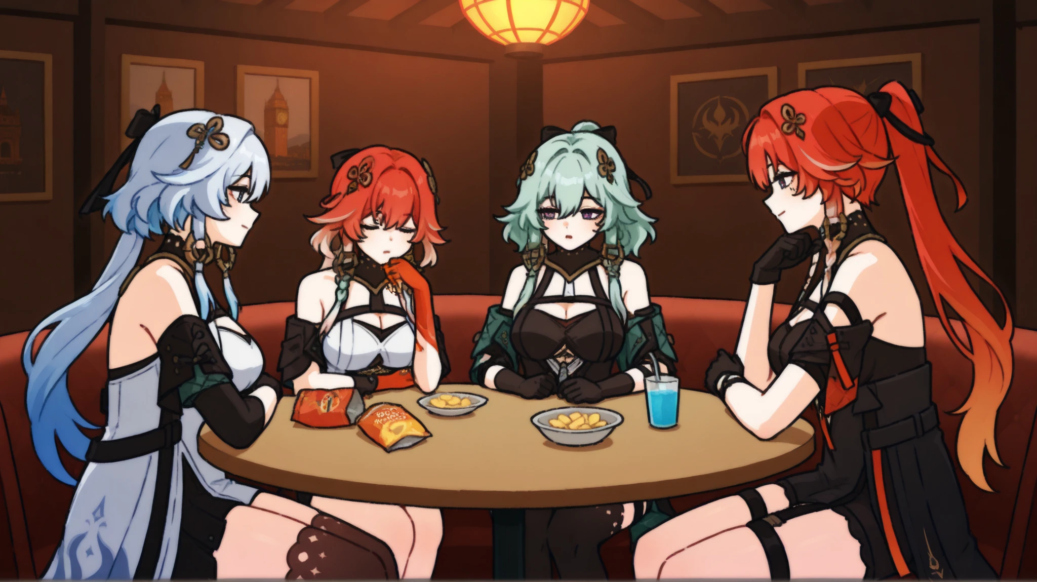 A meeting between ChangLi (wuthering waves character), Nola (tower of fantasy character) and Mavuika (genshin impact character) the three characters are in a bar sitting at a table eating chips together