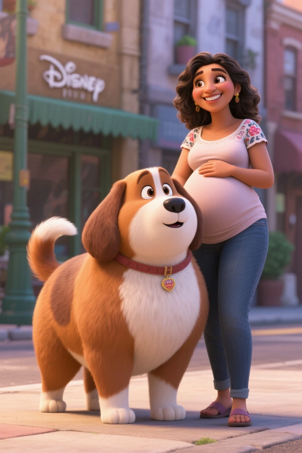 One pregnant woman with four dog, disney pixar-styled, high quality, better quality