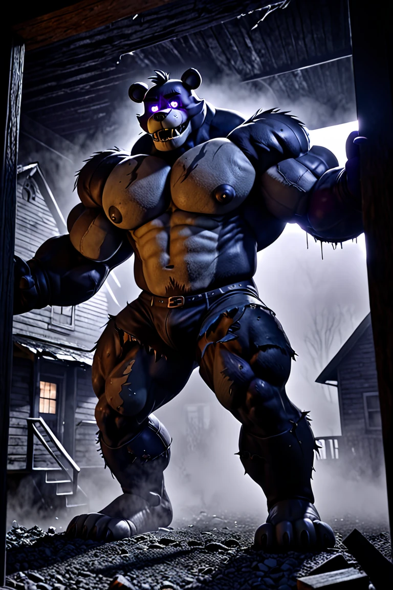 hi res, (protogen), gigantic, massive, anthro, sweat, scars, (prison clothing, orange jumpsuit), ripped clothing, torn clothing, tattoo, male, muscular male, tail, male, outside, dark alleyway, night, dark atmosphere, detailed background, evil grin, (black body, black skin, black penis), looking at viewer, (hyper penis:1.5), precum, (gigantic pecs:2.2), (hyper nipples, hyper areola, puffy nipples), (two arms, holding breasts, grabbing breasts), cumming, dense cum, huge balls, lactating, standing