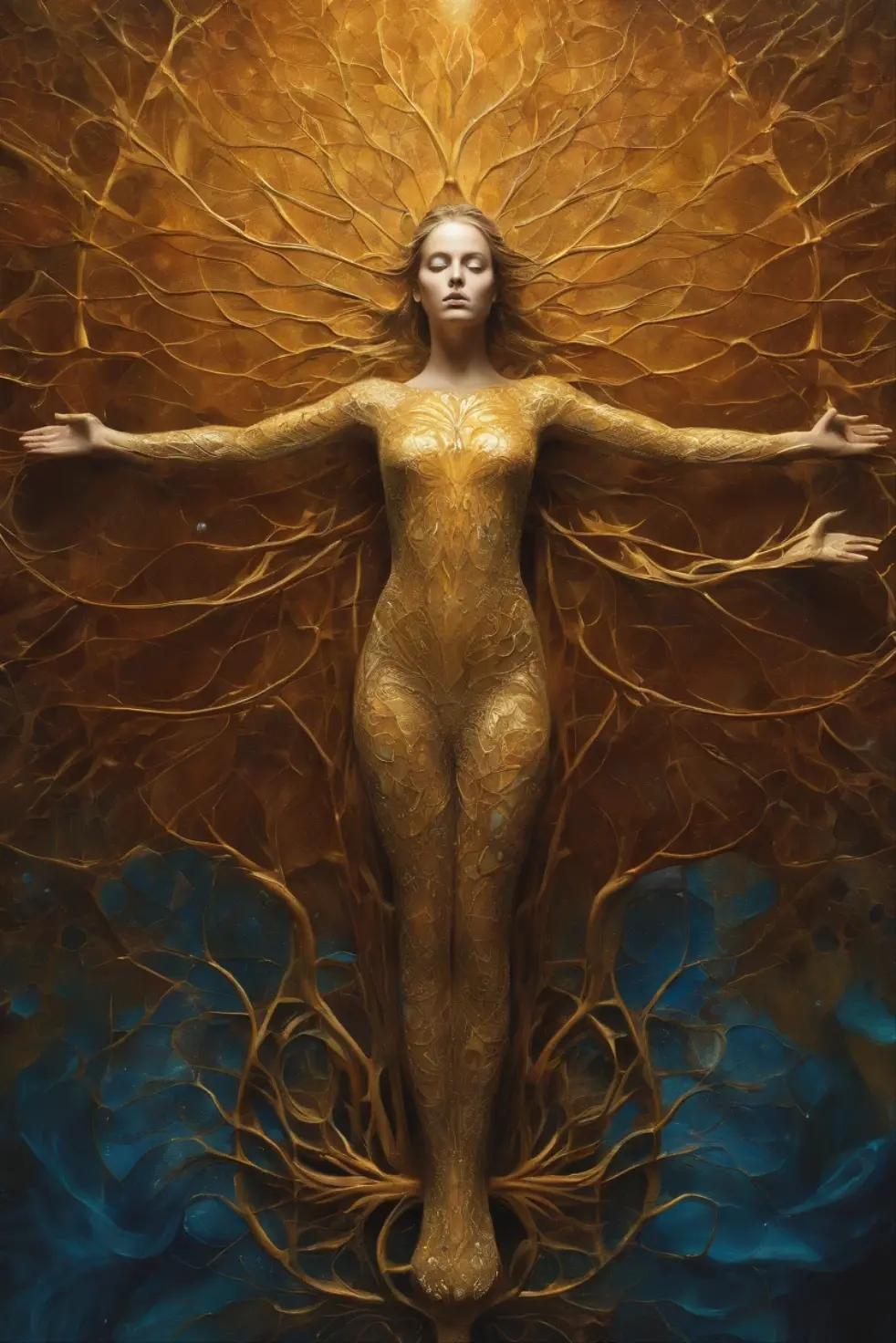 Beautiful symmetrical full body photo painted in oil with thick brushstrokes and wet paint, Fibonacci, golden ratio, melted wax, visible brushstrokes, surrounded by crystal spheres, 3D tessellation wireframe, neural graphic, neurons, tree of life, color, love, passion, oil on canvas, thick brushstrokes, insanely detailed, 8k uhd, masterpiece, artstation, surreal