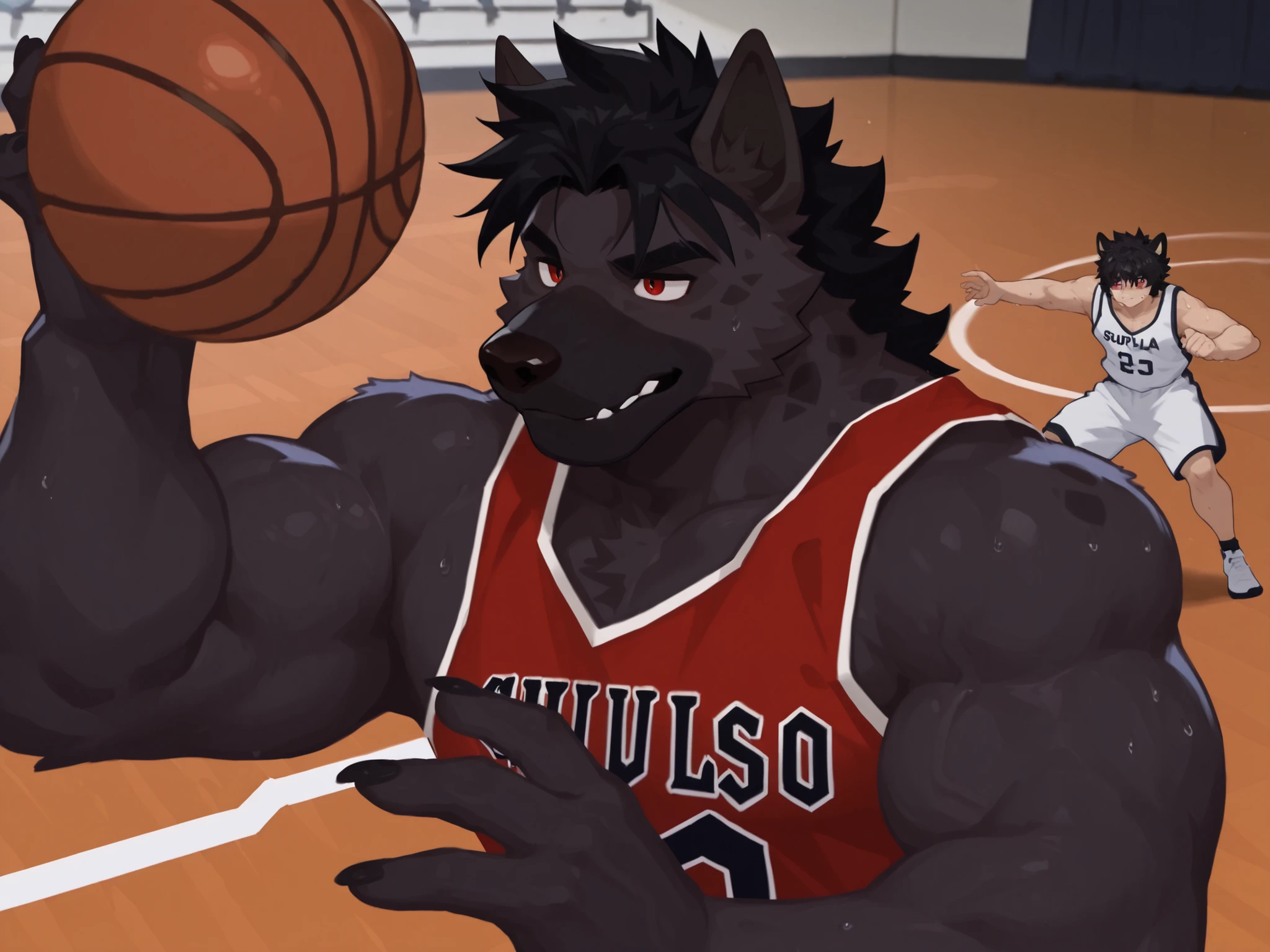 Black Hyena lipid, black hair, small ears, red-eyed  ,  arte peluda ,  musculoso  ，super strong and cool ,  musculoso  ,,  musculoso !!,  Higher image quality, showing off muscles , playing basketball, Backcourt