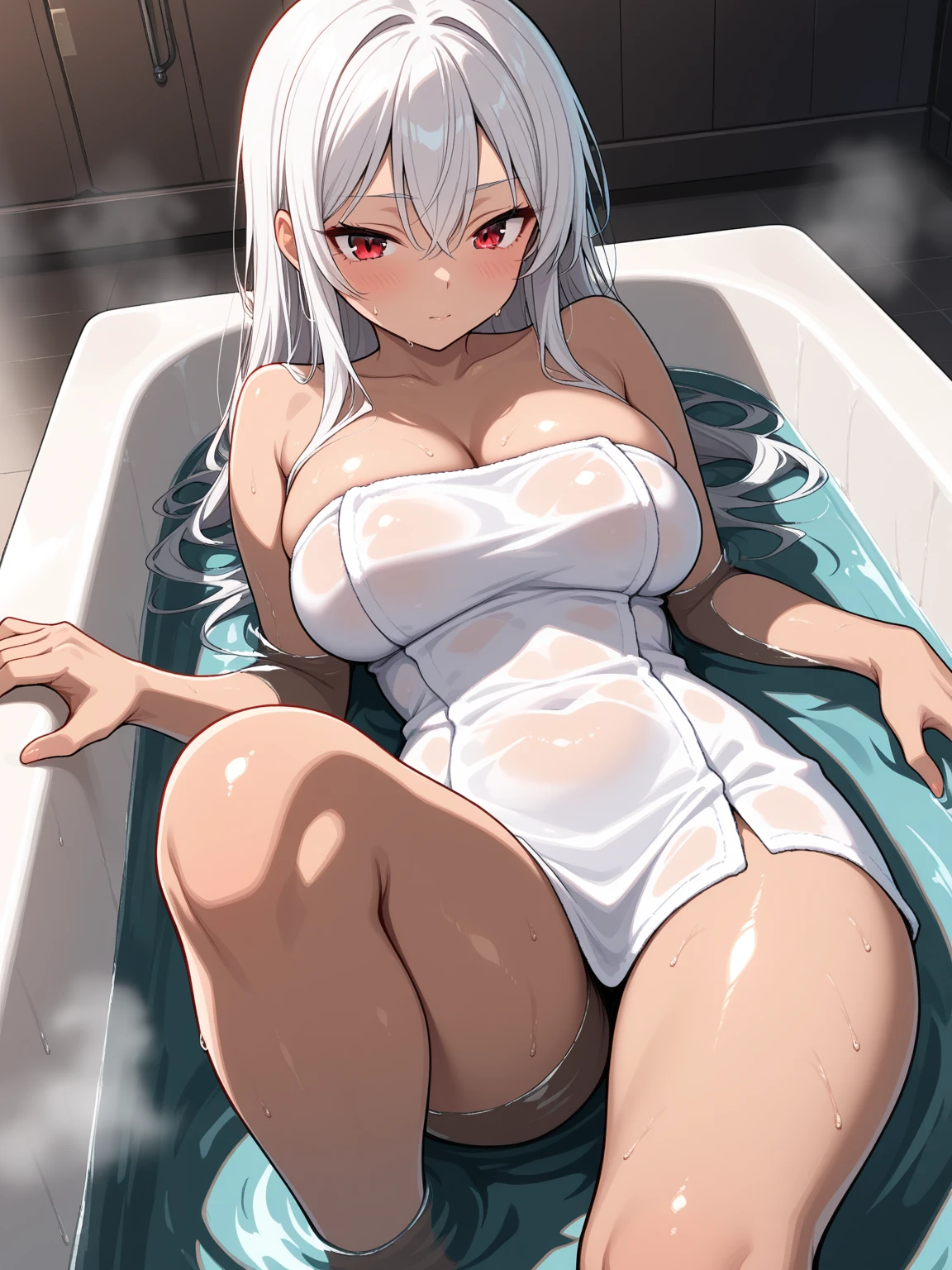 1 girl, platinum blonde hair, tanned body green eyes, 18 years, kneeling on her spread legs, seductively posing, naked, arms behind her back, heart pupils, ahegao, collar, Athletic body, bondaged, slutty bikini but breasts exposed naked, dripping wet pussy, melting body, desperate scared face, about to die with pleasure, beach