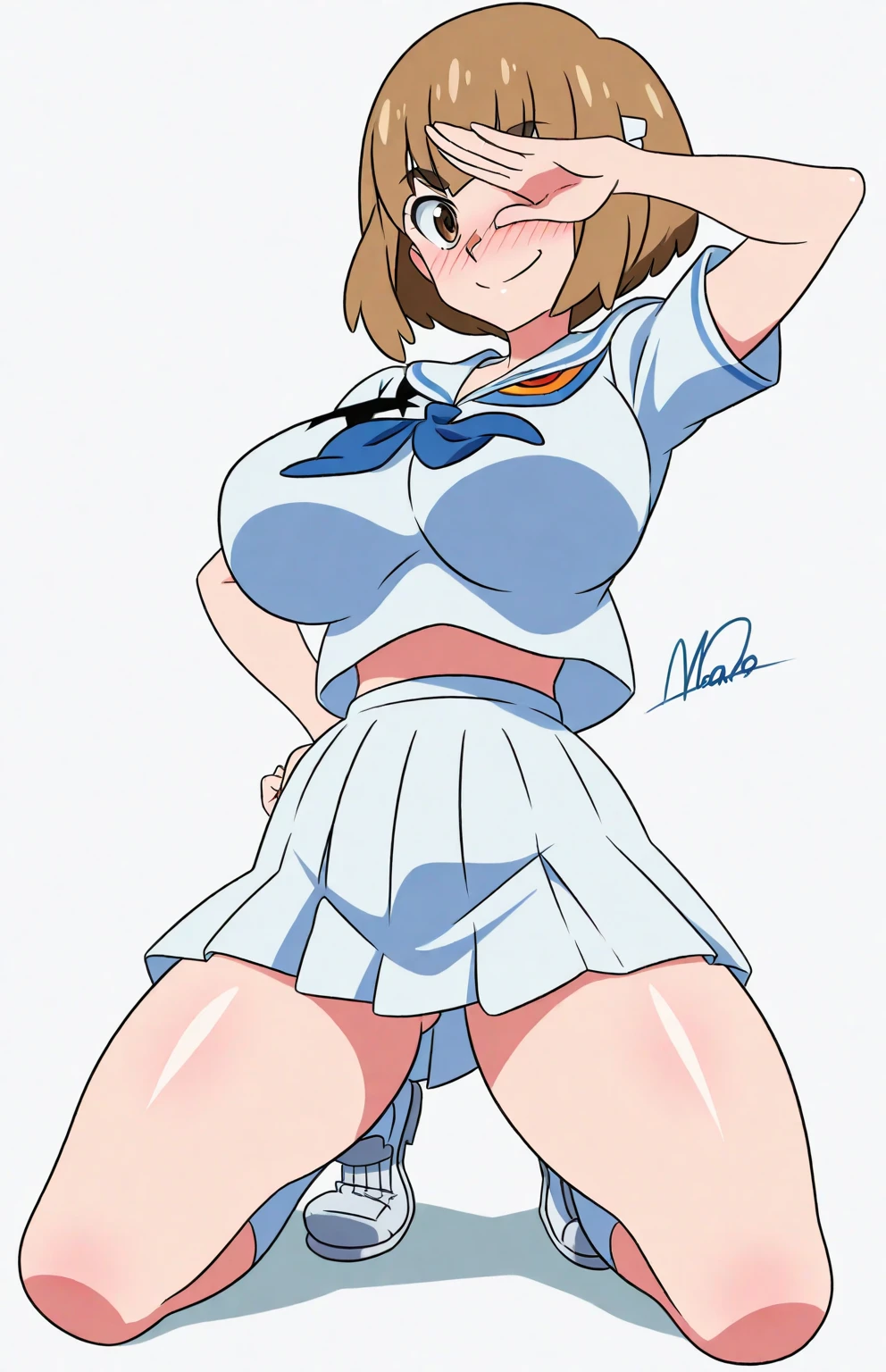 score_9, score_8_up, score_7_up, score_6_up, score_5_up, score_4_up, BREAK, source_anime, anime screencap, anime coloring, PokemonStyle, pokemon \(anime\), pokemon \(classic anime\), 1girl, solo, perfect anatomy, breasts, may \(pokemon\), smile, looking at viewer, navel, (gym uniform, short sleeves, white shirt, shirt-in, under sized micro blue buruma, zettai ryouiki white thighhighs), sagging huge_breasts, tarechichi, erect nipples, thigh gap, indoor, double v, squatting, open legs, (unshaven hairy natural public hair:1.3)