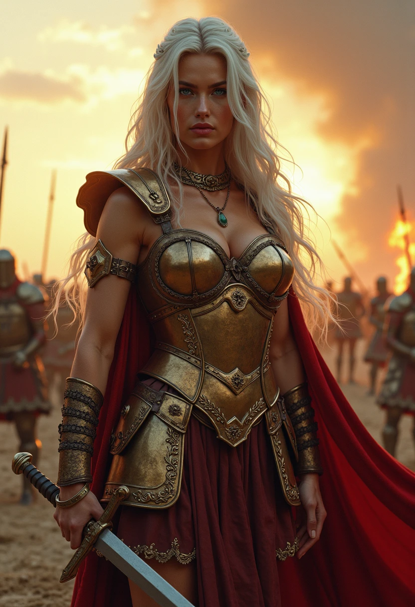 Cammy in her classic form, wearing her signature green military outfit, a princess tiara, and a light cape, holding two daggers as she faces an army of orcs on an ancient stone bridge. The scene is chaotic and action-packed, with explosions and debris flying through the air, lightning crossing the sky, and Cammy in the midst of fierce combat. The style is highly detailed realism