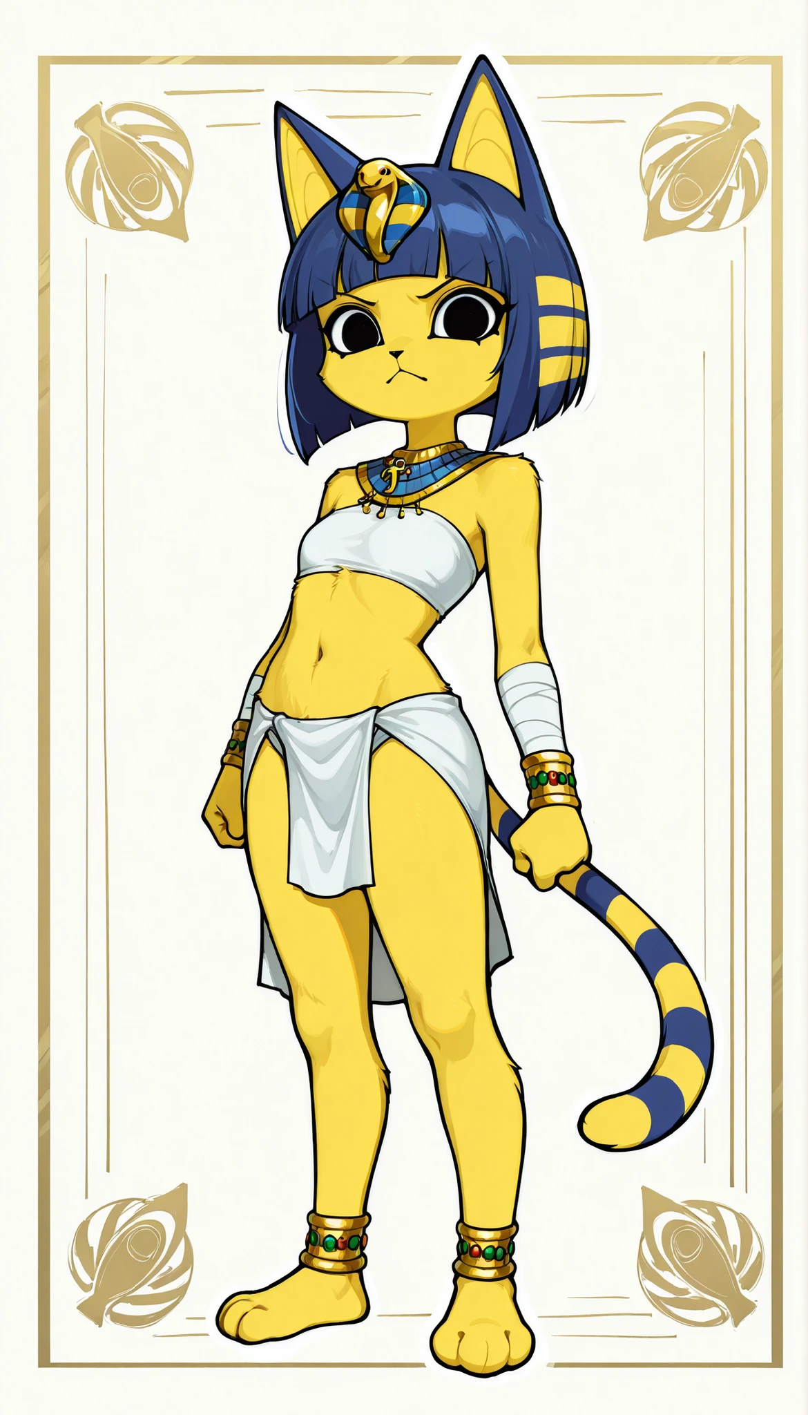 Thin girl with snake features, brown skin, and some multicoloured scales. short hair. anime style, cartoon style, Digital art, high detail face, tan lines. Clean and delicate face. Friendly face, whole body. lying on the ground, relaxed pose, laziness. tribal clothing, short skirt, bare legs, soft skin, bone ornaments, Gold bracelets and accessories, simple background.