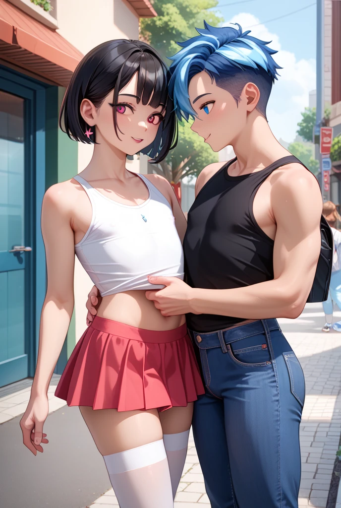 (((masterpiece))), (((best quality))), ((ultra-detailed)), (illustration), ((an extremely delicate and beautiful)), (1girl), ((((())))), ((((5 ye, (((((short))))), ((((flat chest)))), (Plump), (((Big lower body))), ((Thick thighs)), (((Huge areola))), (((large nipples))), (((long nipples))), (((oily skin))), ((((droopy eyes)))), (emerald blue eyes) ((bob cut)), (tired hair), ((messy hair)), ((Black hair color)), ((Glasses)), ((Sweat)), (humid), (((bad mood))), (clear face), micro shorts, fishnet (thighhighs), high heels, crop top, cropped jacket, (dynamic angle), seductive smile, teeth, alley, (half closed eyes), (hug), ((1girl,1boy)), ((muscular man)), (hairy man), (giant man), (Tall Man), (faceless male), huge penis, NSFW
