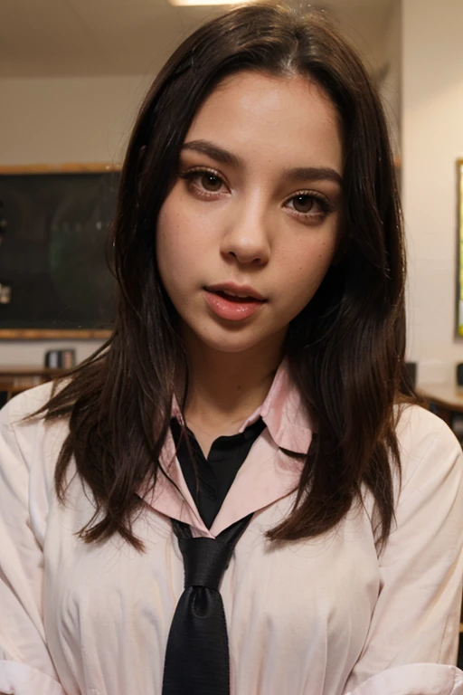 a young girl, big green eyes, round face, small nose, big lips, long purple hair, long eyelashes, pale skin, red cheeks, split chin, Green plaid skirt, long-sleeved white blouse, high socks, school shoes, in class room, in school, more students, naughty face, f/16, Canon, Fujicolor, ray tracing, from above, 16k, 8k, highres, best quality, award winning, high quality, high details, super detail, textured skin, anatomically correct, masterpiece, accurate
