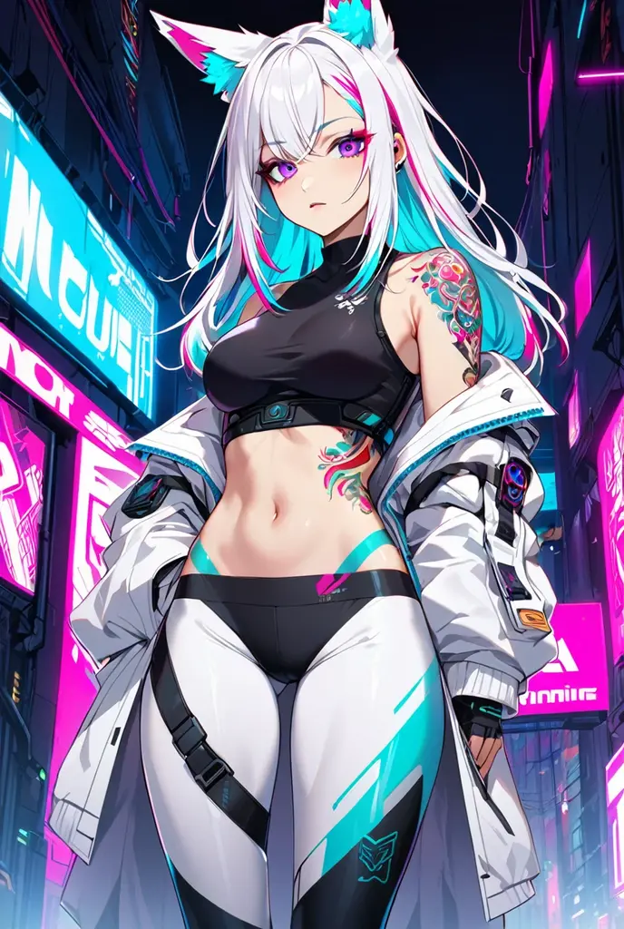 1woman, long white hair with pink and cyan tips,Muticolored hair, fox ears, purple eyes, wearing a white coat, leggings, wearing black undershirt, tattoos on arms, colorful japanese tattoos, showing body, medium breasts, cyberpunk