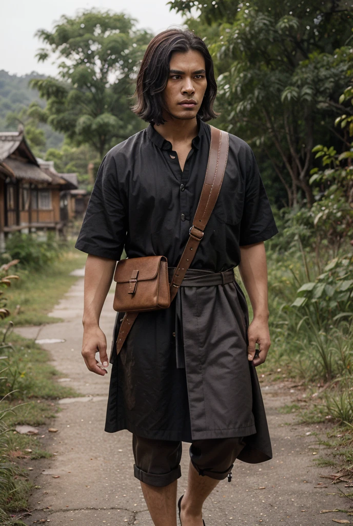 A Chinese man wearing a straw hat holds a sword in his hand with Chinese words written on it and sees a lot of blood and corpses