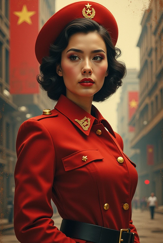 1950s photography, (sovietpunkAI) a stunning Tanzanian woman with a tired expression (curby and busty:2.5) as a border patrol guard, for the motherland, border checkpoint in the background, cleavage, proud, cccp, mainly red and gray colors <lora:SovietPunkAIp:1>. (old polaroid photo:2). Polaroid SX-70, pastel colors, film by Wes Anderson, hazy, vintage, analog style, 1950's, style of Nan Goldin, style of Oleg Oprisco