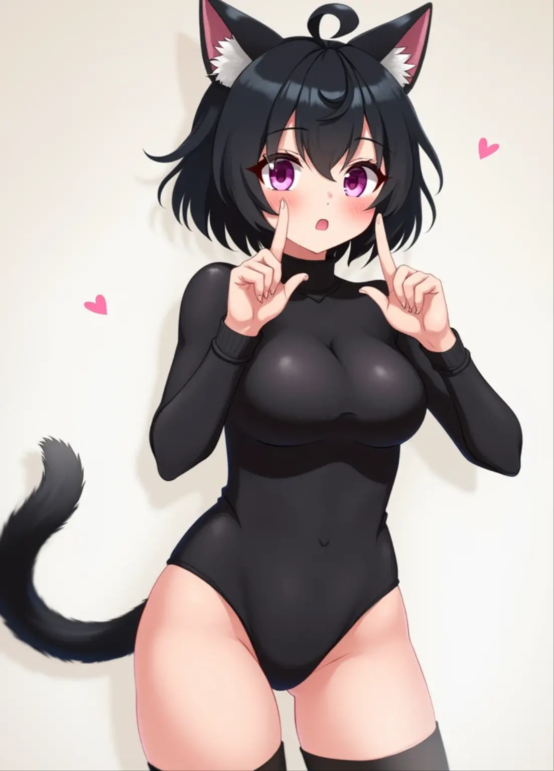 Beautiful woman wear black turtleneck bodysuit and black socks black Pointy Fluffy Ears and Flustered Heart Eyes Face The eyes are heart shaped and white skin and let her be like anime and raise two finger and black cat tail and Short Wolf Cut(Black) see the whole body and turtleneck and smile cute face