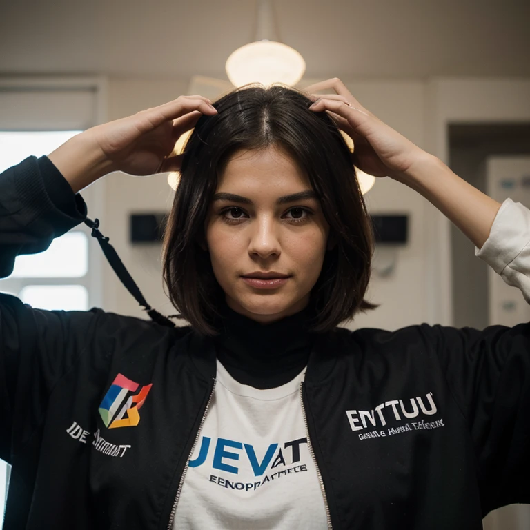 un android con micro y auriculares y traje en oficina futurista, con letras TGSS al fo do