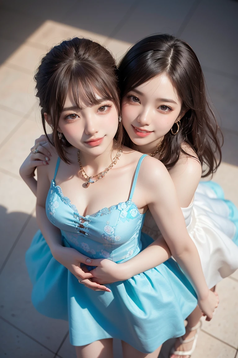 2 girls in、twin-tail hair,masutepiece, Best Quality, 8K, 15yo student, Teen, Raw photo, absurderes, award winning portrait, Smile, Botanical Garden, neons, Idol face, violaceaess, gardeniass, Delicate girl, Upper body, Digital SLR, Looking at Viewer, Candid, Sophisticated, zora々Right, Thin arms, Professional Lighting, Film grain, chromatic abberation, (Eyes and faces with detailed:1.0), (Bokeh:1.1),Luxurious dresses、intricate lace、intricate hair ornament、Complex earrings、Complex necklaces、Beautiful breasts、shawls、