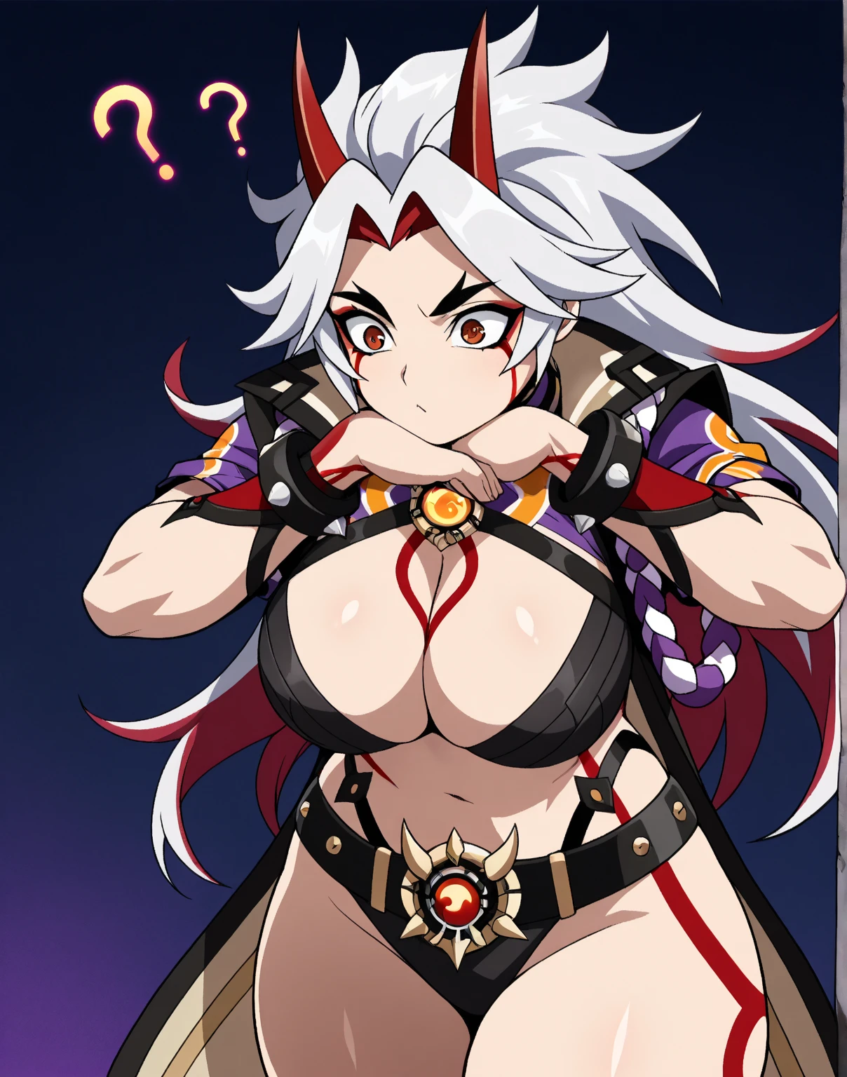 gray hair, gray long hair, ((yellow eyes)), eye patch, (((muscular))), (big breasts), happy, (tanned skin), (((black clothes))), sexy, Ghislaine Dedoldia of Mushoku Tensei, fur-trimmed jacket, green pants, open fly, open belt, bikini top only, red choker, cat ears