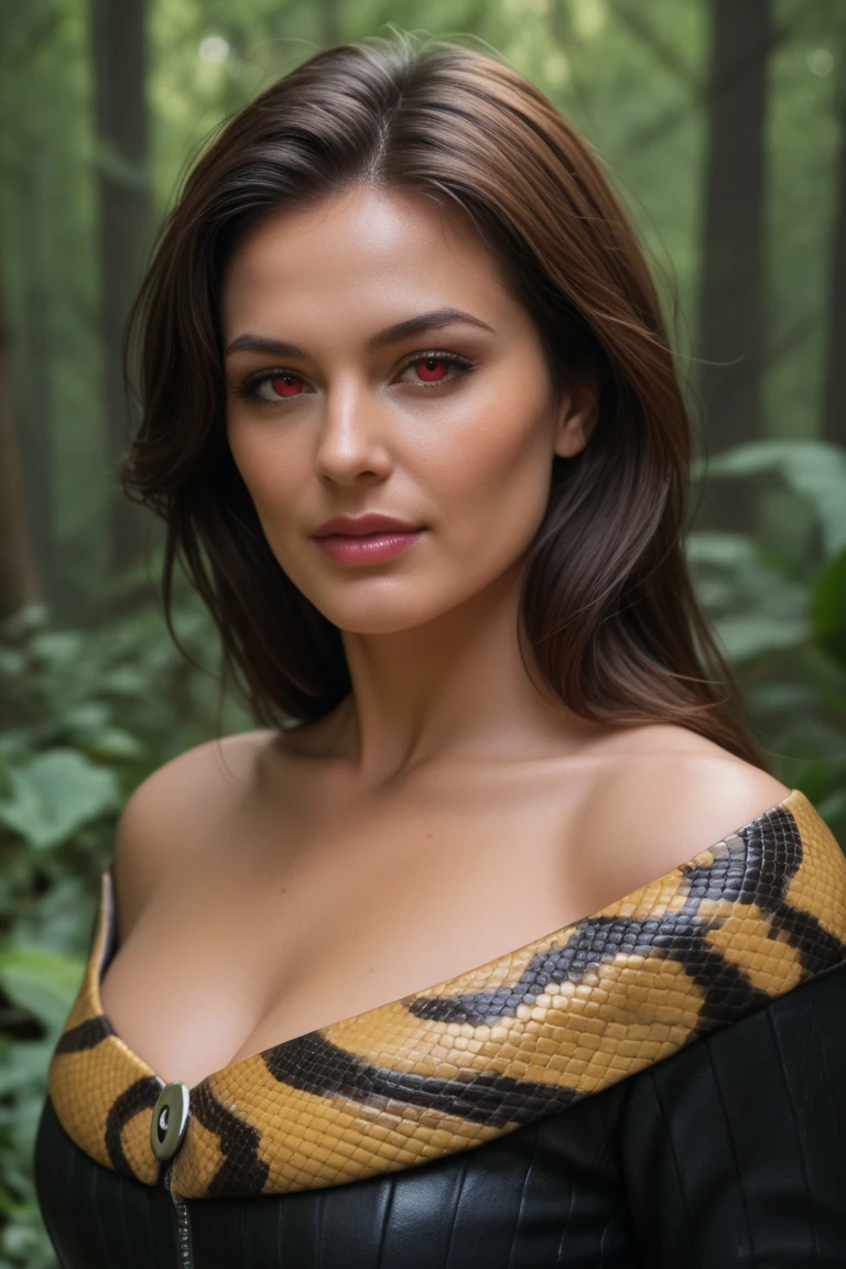 young woman 35 year old, wearing latex, femdom goddess, medieval style ,in a mysterious jungle,full body portrait,closeup,ultrarealstic ,tight thigh, deep cleavage