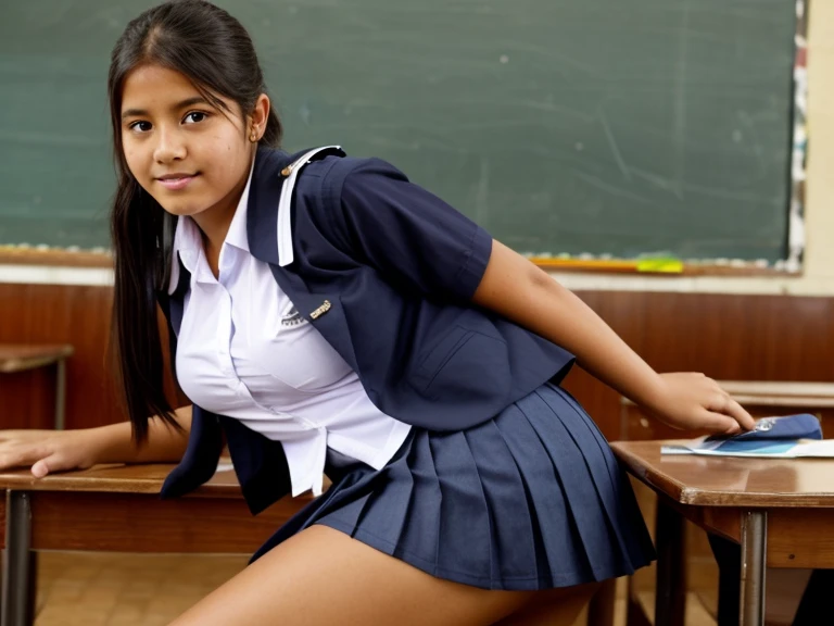 Award - winning photograph, Masterpiece, 8k, ultra high res, hyper detailed face, (a sexy little latin girl about 10 years old standing in a classroom and showing her wet ass), they wear school uniform, very short skirt, high socks, thong, panties, backpack