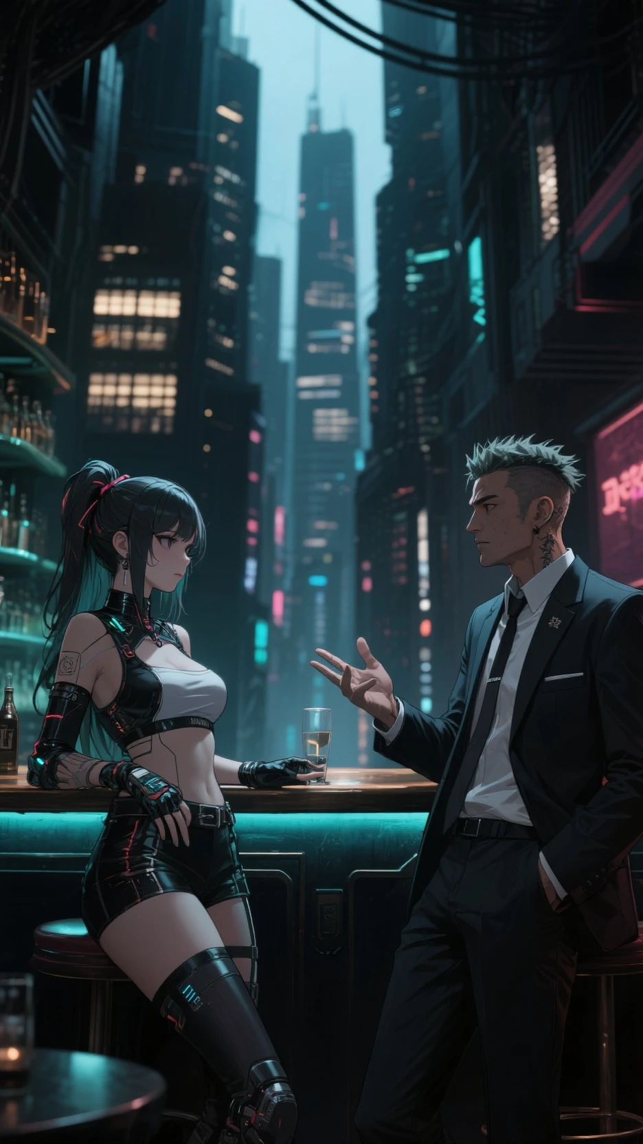 Femme magnifique ( néon cyberpunk ), neon songs, cyberpunk city, ramen shop, high detail, high quality, neon lights, standing guy and girl with glasses