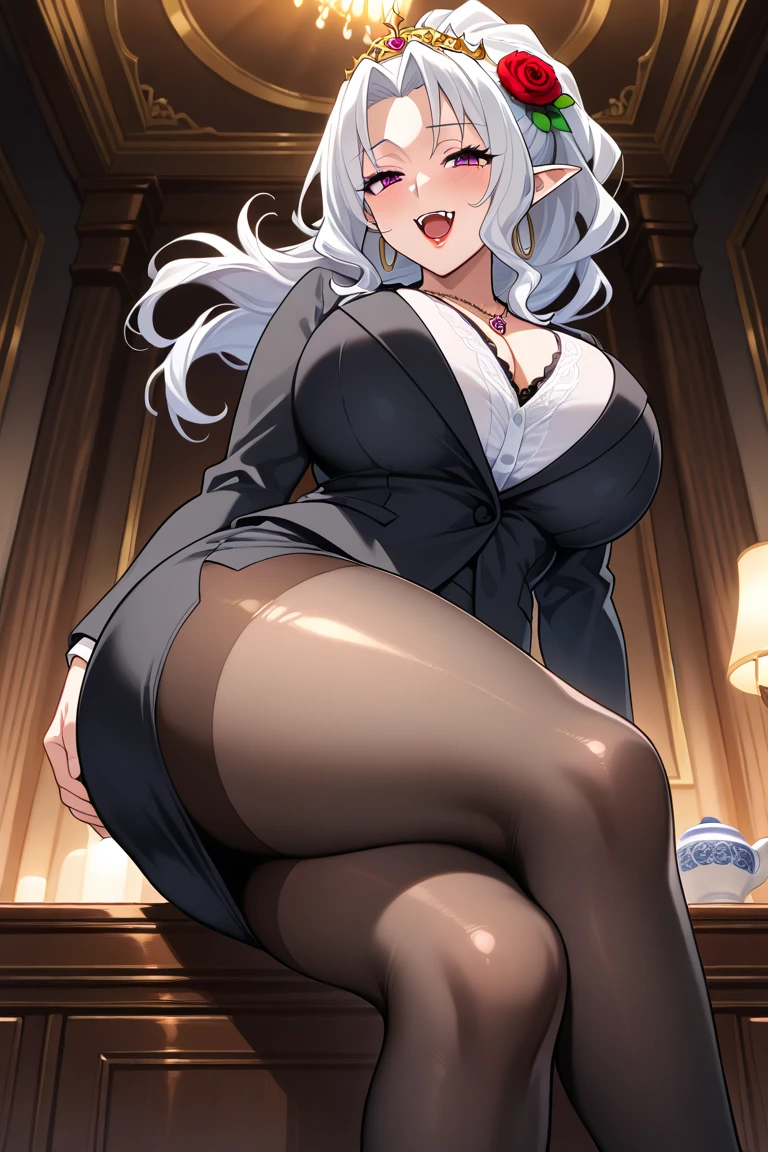 beautiful, (masterpiece:1.2), (best quality:1.2), perfect eyes, perfect face, perfect lighting, 1girl, mature businesswoman, MILF, large breasts, smug smile, pencil skirt, white shirt, cleavage, long hair, wavy hair, silver hair, red eyes, necklace, earrings, ring, long nails, one hand on hip, office, detailed background