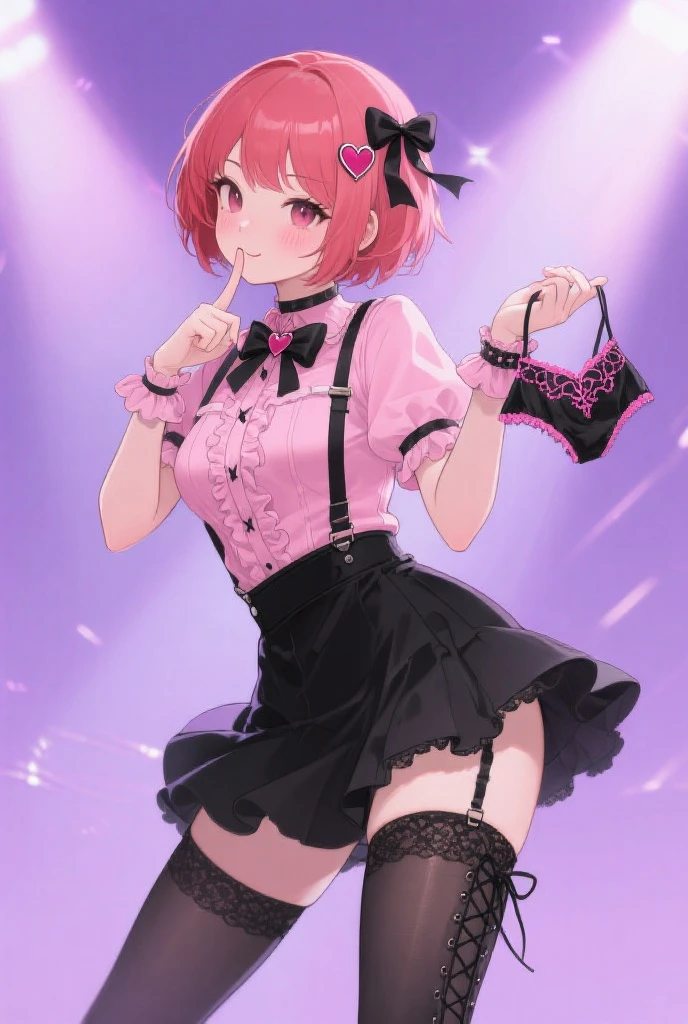 tiny girl,Colossal tits,Smile with open mouth,selfee,A pink-haired,Whip thighs,Large ribbon,Striped panties,Striped socks,Heterochromia,Yellow and purple eyes,Top image quality,Best Quality