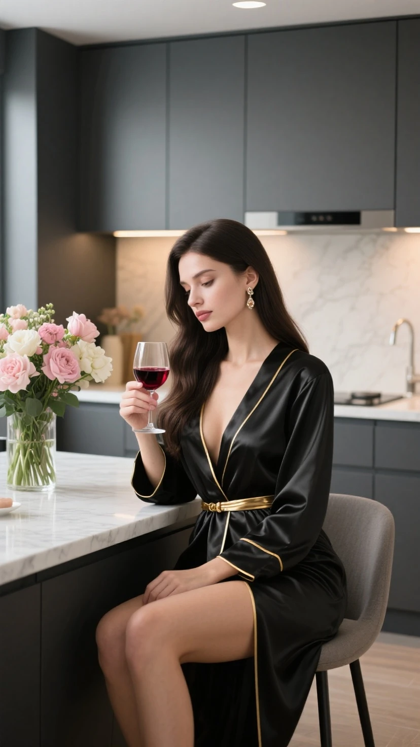 araffe woman holding a glass of wine in front of a lit room, with an elegant smile, entire body visible, full body, hyperrealistic, real human skin, best quality, 8K, masterpiece, extremely intricate, detailed eyes, detailed face, detailed body, exaggerated features, pronounced features, fujifilm, medium closeup