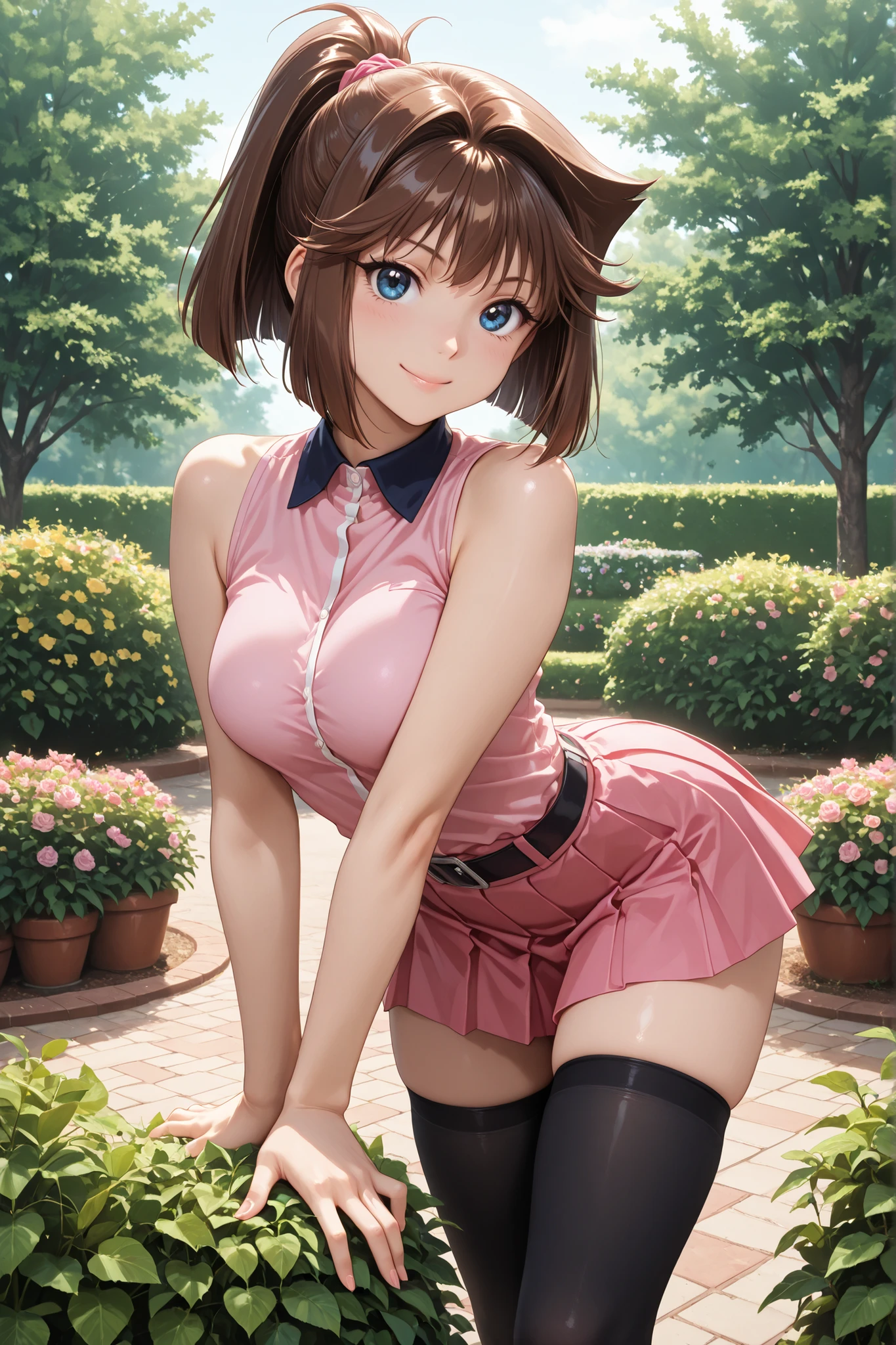 1girl, Anzu Mazaki, brown hair, blue eyes, ponytail, sleeveless shirt, pleated skirt, pink skirt, black thighhighs, in a garden, beautiful smile, sensual, looking at the viewer, attractive, dynamic pose, , best quality, masterpiece, ultra detailed, very aesthetic
