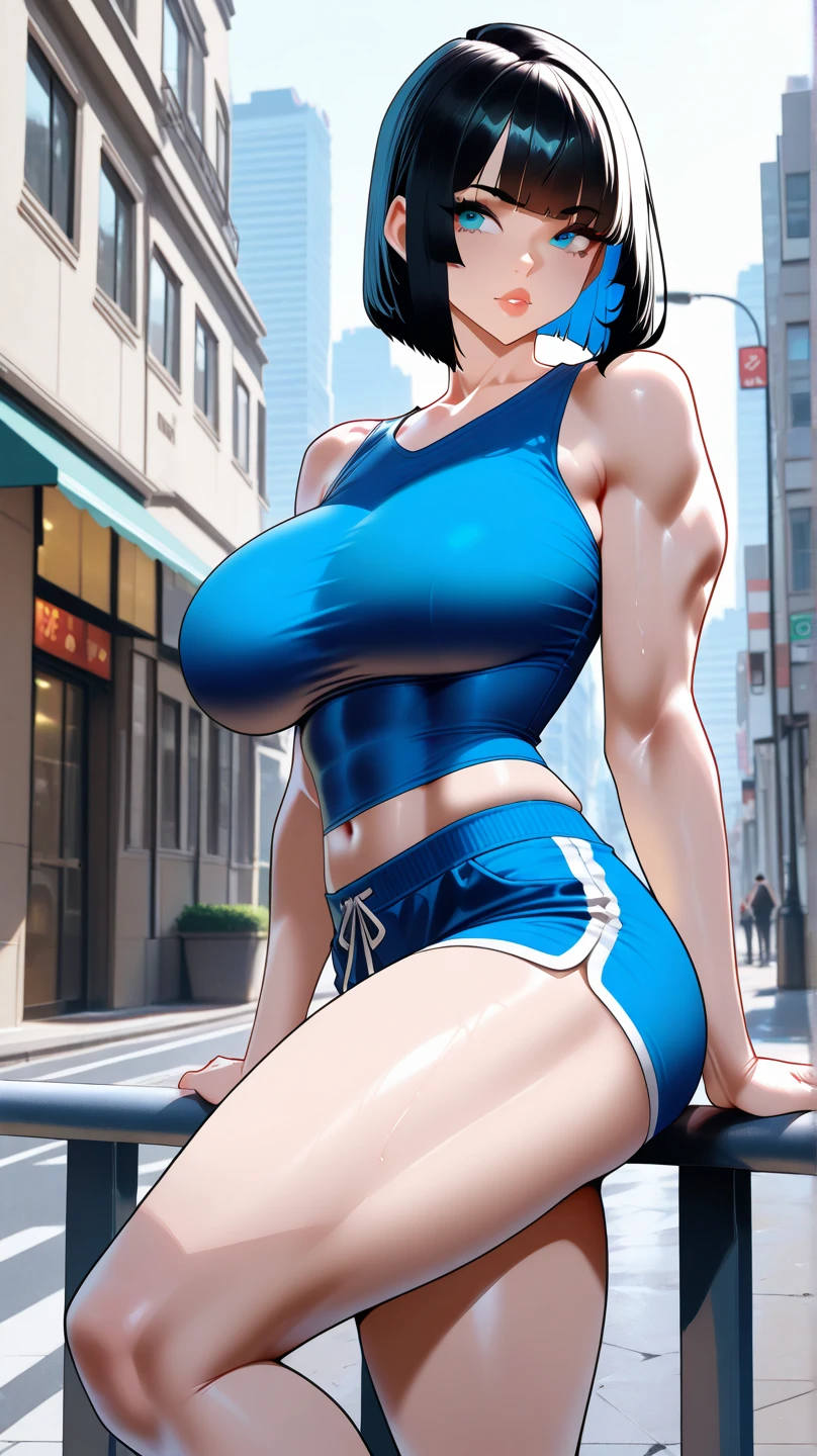 ,masterpiece,1 girl,solo,(uzakihana:1.1),(smirk,open mouth:1.3),sitting,on bed,thigh highs,(lingerie:1.2),side-tie panties,outdoors,street,city, (((Huge breasts))), ((long legs)), ((wide hips)), ((((Muscular Legs)))), (((((Massive Female Bodybuilder))))), (((((Huge Muscles)))))