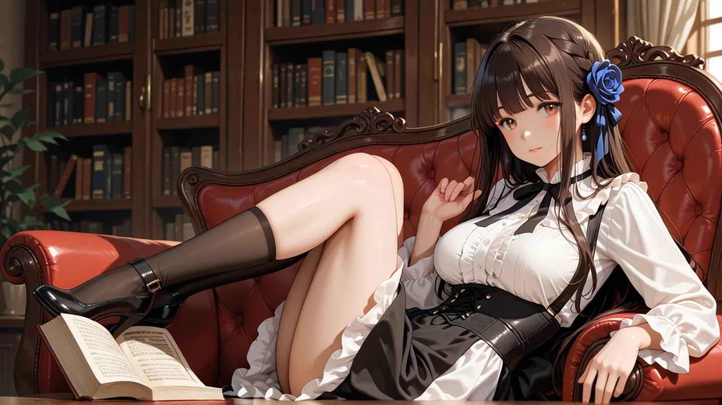 ((Correct Anatomy)),((Sit in an office chair)),((Cross your legs)),((((Black Stockings)))),((Beautiful feet)),((A shy smile)),((Lacy white panties)),((Office Costume)),((White blouse)),((Office Uniforms)),((Pleated mini skirt)),Ultra-high resolution,Mature Woman, Mature Woman, Very detailed,Extremely fine skin,Beautiful Skin,((Sweating all over the body)),(Big Breasts),((Beautiful legs)),Perfect hands, Detailed fingers, Beautiful details, ((Long Hair)),((ponytail)),Black choker, Earrings,High heels,High rise office building,Perfect Eyes, Captivating eyes