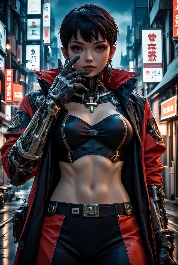 (nsfw:1.2)、Very beautiful woman、Slender women、(Detailed face)、Realistic Skin、((Delicate photo)),(Girl Masterpiece RAW Photo Details:1.25), (Highest quality:1.6), (Ultra-high resolution:1.5), (Realistic:1.75), 8K resolution, Canon EOS R5, 50mm, Absurd, Ultra-detailed,Cinema Lighting、One girl, 白hair,((hime_cut))、Smile、 Window Shades,((Super tight red jacket coat)), Chest Rig, cyber punk, ((Techwear)),I can see your abs、Bra Top、((Big Breasts))、((The abdomen is visible))、(((Ultra-delicate and futuristic design)))、(((Bite)))、((logo))、((Text on clothing))、(((Micro Size Underwear)))、((With the weapons of the future))、((twin braids))