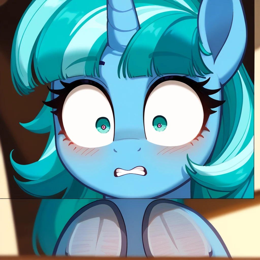 My little pony, anthro, long blue hair, white body, brown eyes, very seductive pose, opened her mouth, and strings of saliva stretched within it, she taker off her underwear, wet body