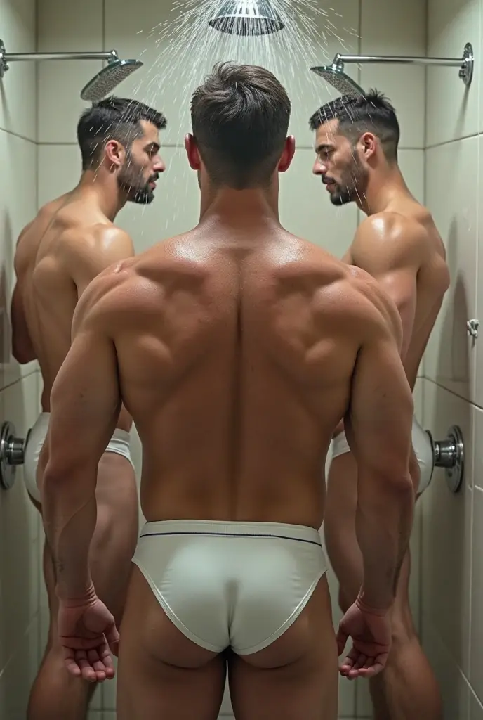 Muscular, broad-shouldered, black-haired, shaved-short beard, greased, overweight body, hairy body, white-skinned man wearing white shorts, taking a selfie in the mirror