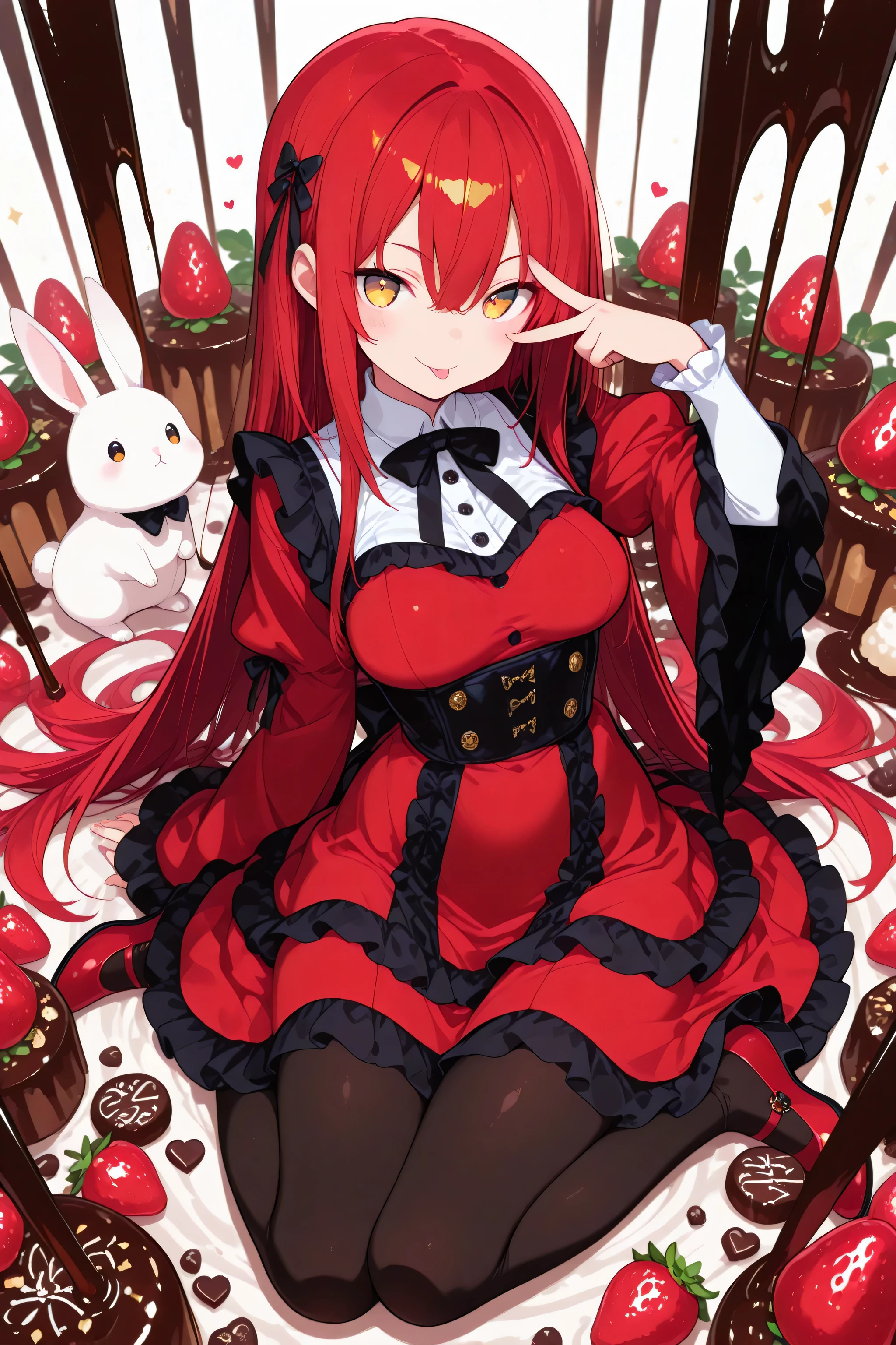 masterpiece, best quality, amazing quality, very aesthetic, full body, 1 woman, golden eyes , very long hair , long sidelocks, red hair , half upon, medium breasts , petite , very cute , beautiful ,Straight hair, cool, handsome, hair between eyes, confident, lovely, ta fashion, sweet ta, black bow, black ribbon, ribbon, frills, black bowtie, long sleeves, wide sleeves, frilled sleeves, frilled dress, red dress, black pantyhose, red shoes, solo, blush, closed mouth, v over one eye, tongue, tongue out, looking at viewer, hand up, 1other, white rabbit, food, strawberries, strawberry splash, Chocolate pieces, cream, depth of field, white background