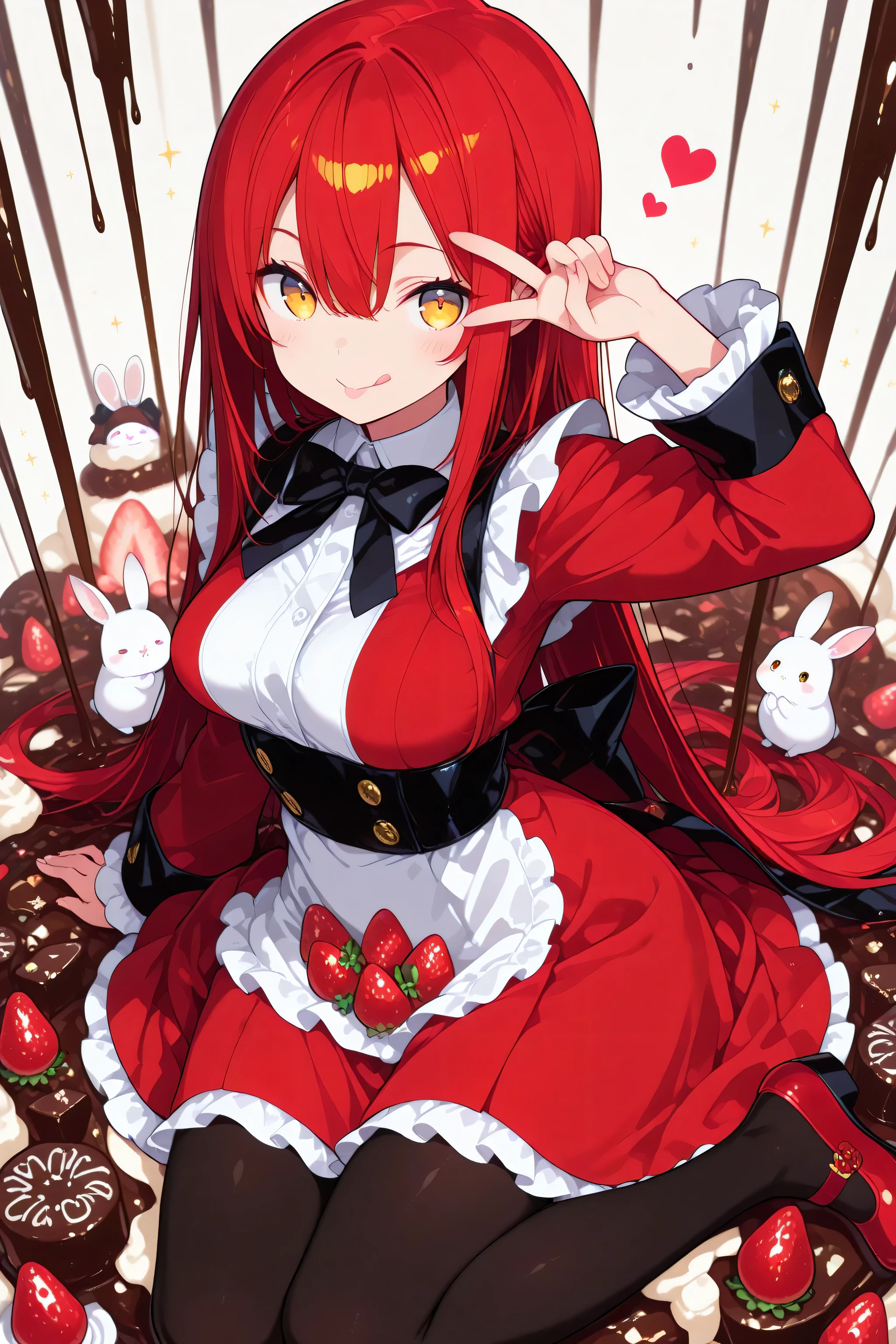 masterpiece, best quality, amazing quality, very aesthetic, full body, 1 woman, golden eyes , very long hair , long sidelocks, red hair , half upon, medium breasts , petite , very cute , beautiful ,Straight hair, cool, handsome, hair between eyes, confident, lovely, ta fashion, sweet ta, black bow, black ribbon, ribbon, frills, black bowtie, long sleeves, wide sleeves, frilled sleeves, frilled dress, red dress, black pantyhose, red shoes, solo, blush, closed mouth, v over one eye, tongue, tongue out, looking at viewer, hand up, 1other, white rabbit, food, strawberries, strawberry splash, Chocolate pieces, cream, depth of field, white background