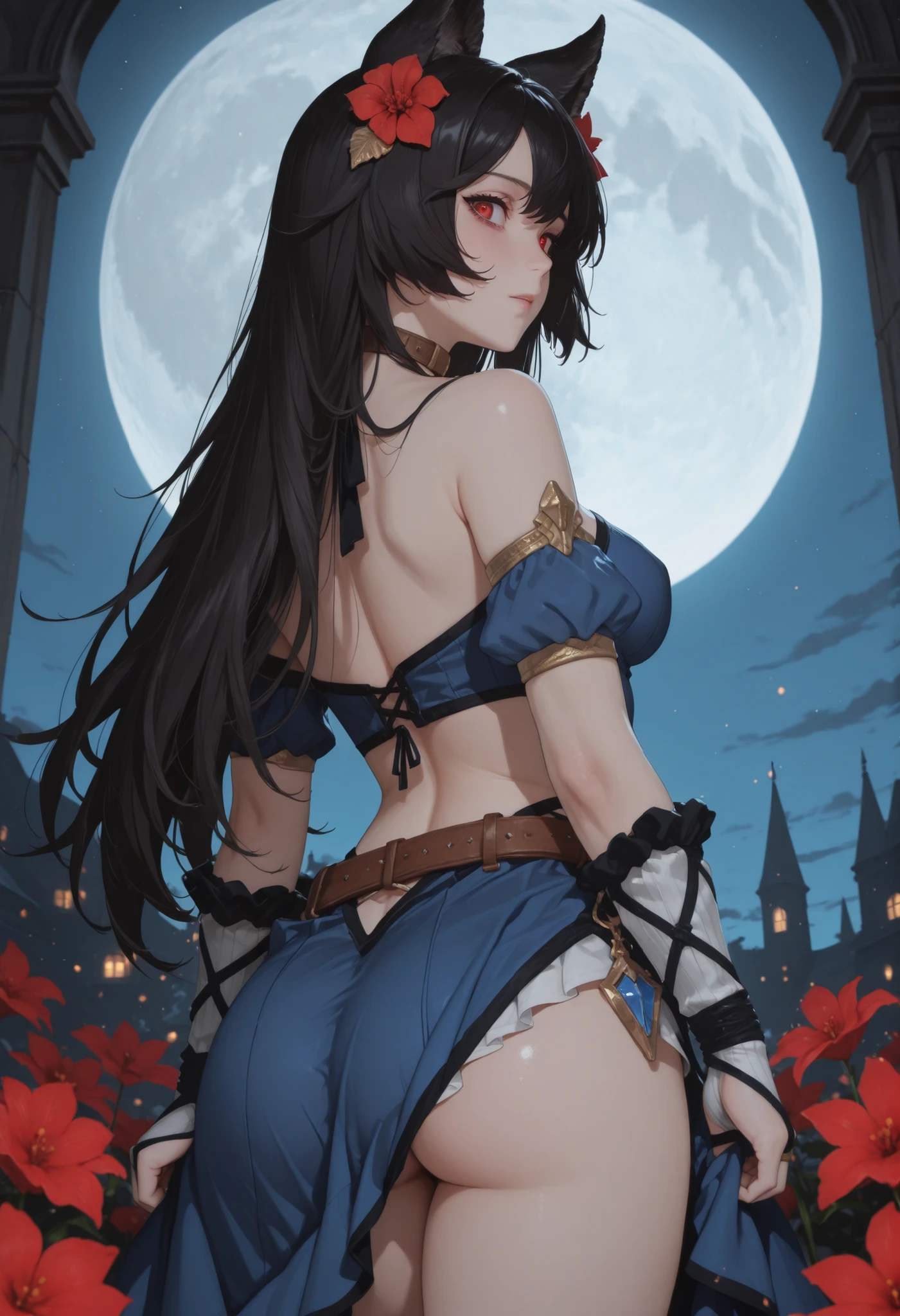 al1, demon horns, slit pupils, long hair, black hair, (shaded face:1.2), hollow eyes, yellow eyes, looking at viewer, heavy breathing, smirk, uppert teeth, breasts, 1girl, moon, abs, sky, solo, grass, full_moon, star_(sky), sitting, breasts, night, navel, looking_at_viewer, outdoors, strapless, boots, starry_sky, cloud, muscle, blush, thighs, "glow effects, godrays, Hand drawn, render, 8k, octane render, cinema 4d, blender, dark, atmospheric 4k ultra detailed, cinematic, Sharp focus, big depth of field, Masterpiece, colors, 3d octane render, 4k, concept art, trending on artstation, hyperrealistic, Vivid colors, extremely detailed CG unity 8k wallpaper, trending on CGSociety, Intricate, High Detail, dramatic", sweating, steaming body, fog, mummy costume, bandages, frilled choker, frilled skirt, muscular female,