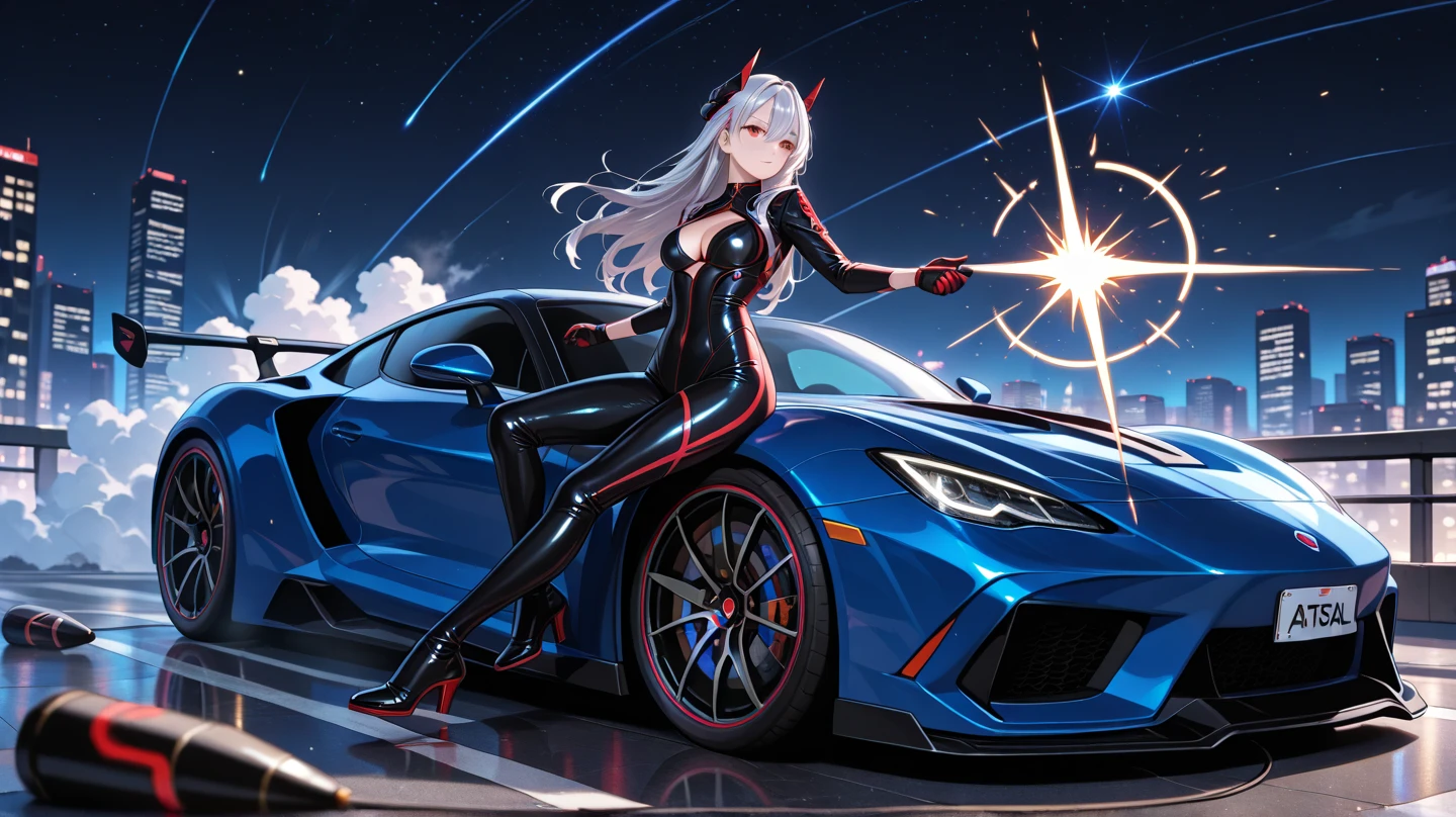 afternoon, 1 girl standing by car, cars, space suit, black car, clean spoiler, very detailed, glowing lights, cool car, cool car, rocket bunny, japan, jdm, car under glow, race track, (center frame), hires,