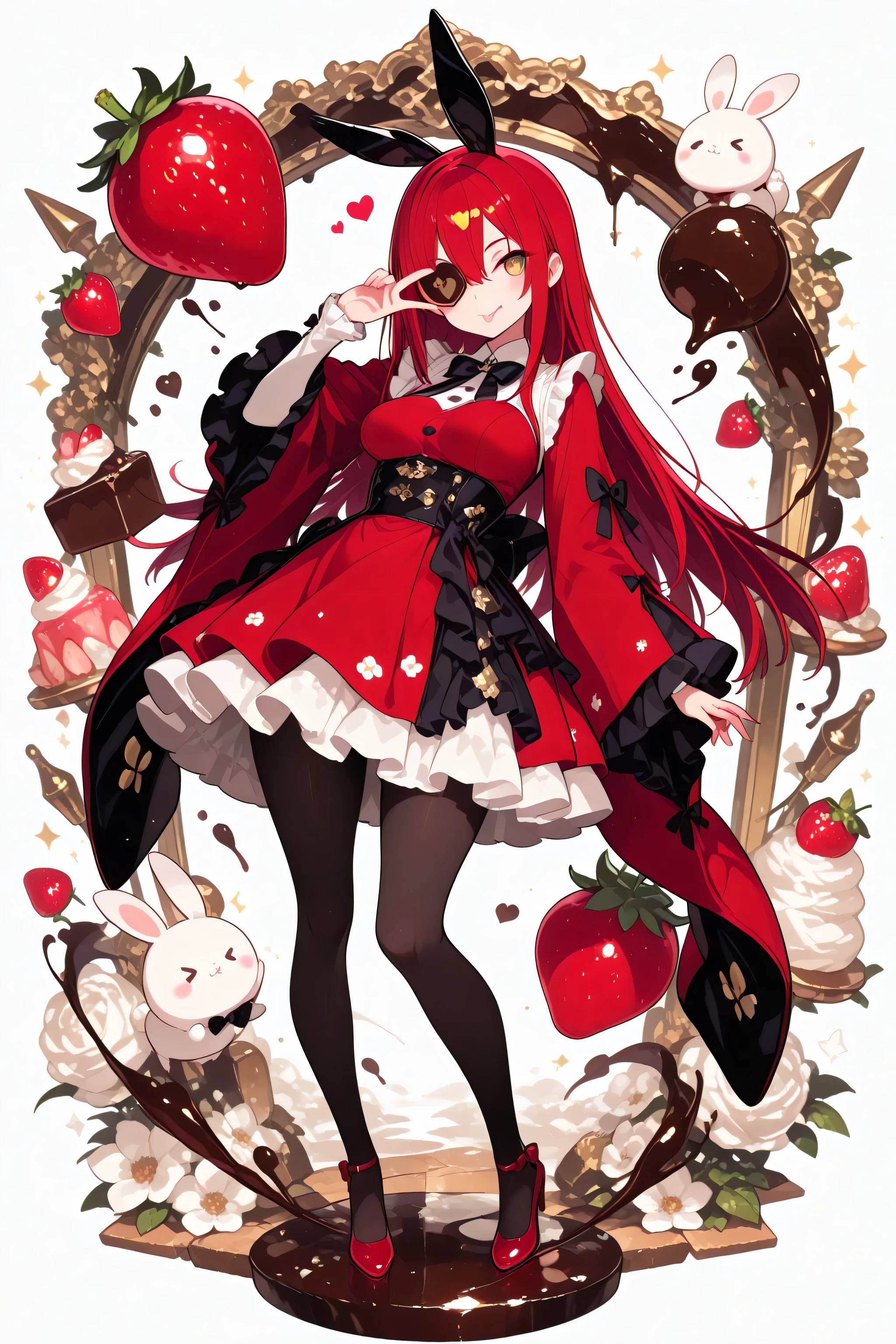 masterpiece, best quality, amazing quality, very aesthetic, full body, 1 woman, golden eyes , very long hair , long sidelocks, red hair , half upon, medium breasts , petite , very cute , beautiful ,Straight hair, cool, handsome, hair between eyes, confident, lovely, ta fashion, sweet ta, black bow, black ribbon, ribbon, frills, black bowtie, long sleeves, wide sleeves, frilled sleeves, frilled dress, red dress, black pantyhose, red shoes, solo, blush, closed mouth, v over one eye,  tongue, tongue out, looking at viewer, hand up, 1other, white rabbit, food, strawberries, strawberry splash, Chocolate pieces, cream, depth of field, white background