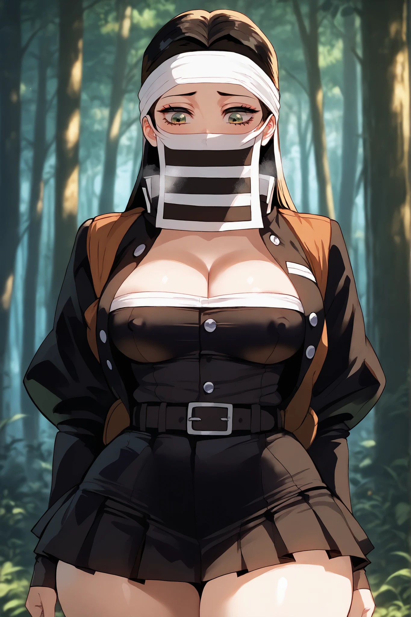 beautiful detailed 25 years old female japanese, wearing Ninja Attire: Stealthy and practical clothing with a hood, mask, and utility belt, beautiful face, shiny white skin, black hair, slender, ultra large saggy breasts, massive cleavage exposed, deep forest background