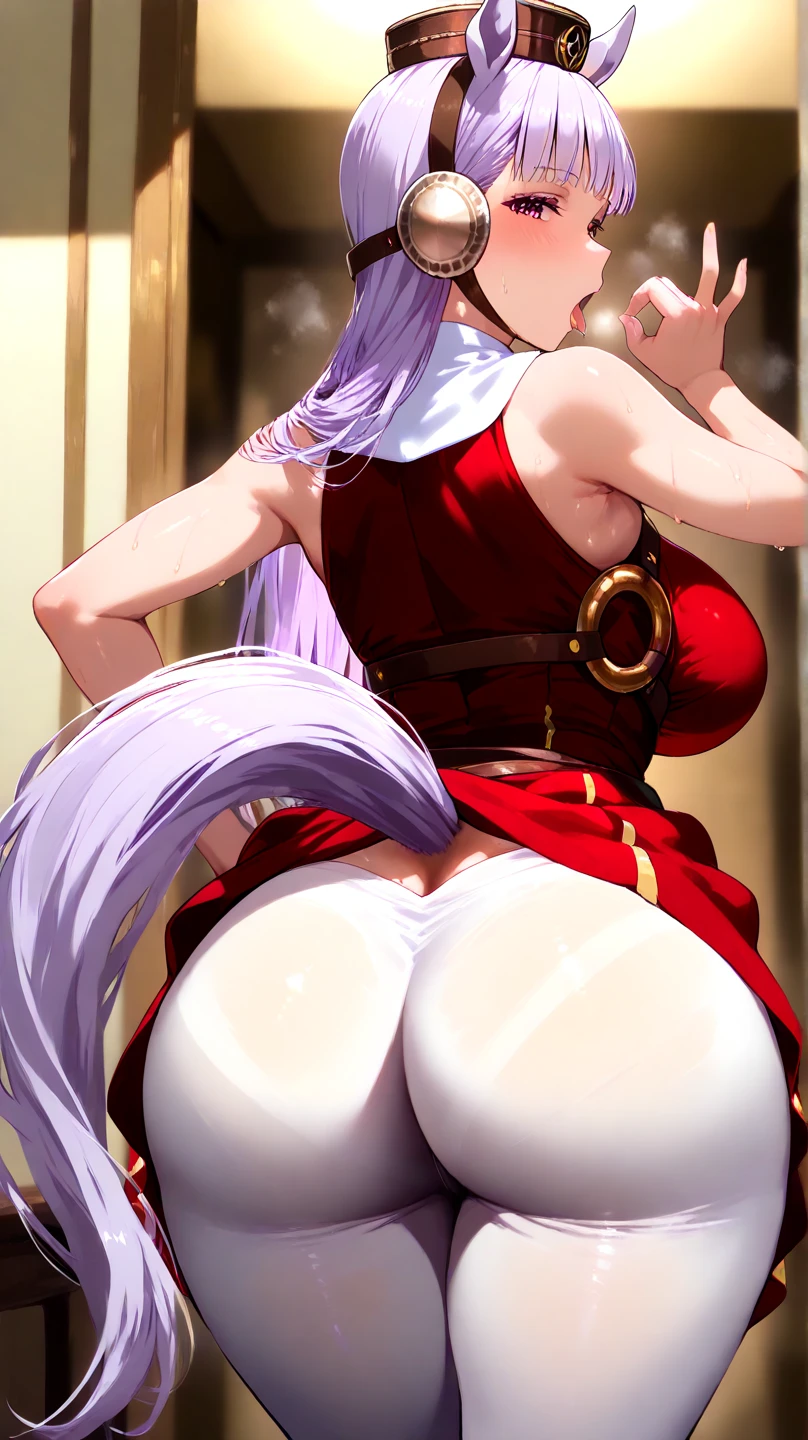 (hiquality)、(16 K)、(masuter piece)、(((very large udder))),((big butts)),blush,Long hair、((Sweat)),Full body、((Open_Mouth))、Surprised、Red Leotard、Bare shoulders、strapless leotard、:o