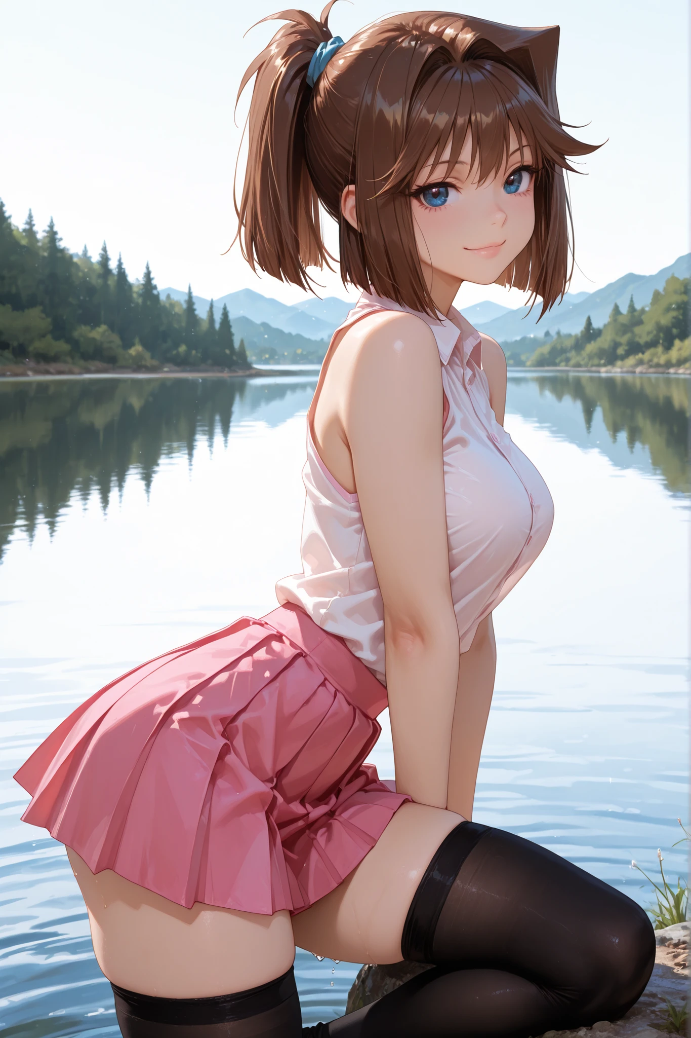 1girl, Anzu Mazaki, brown hair, blue eyes, ponytail, sleeveless shirt, pleated skirt, pink skirt, black thighhighs, near a lake, lake, beautiful smile, sensual, looking at the viewer, attractive, sensual pose, best quality, masterpiece, ultra detailed, very aesthetic