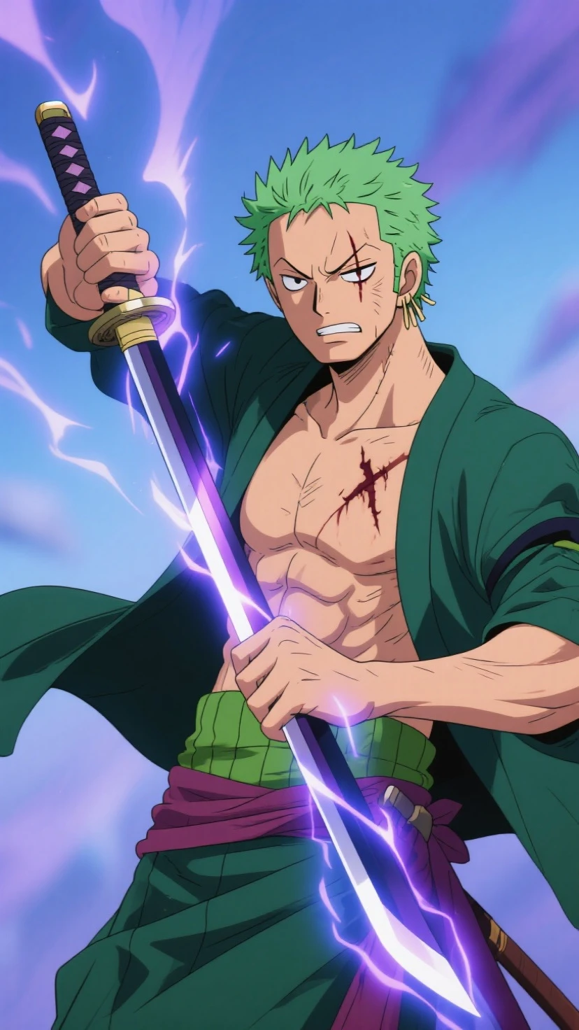 1boy, male focus, Zoro, One piece, injury, haki,, masterpiece, best quality, very aesthetic, absurdres, depth of field, fighting, glowing purple eyes