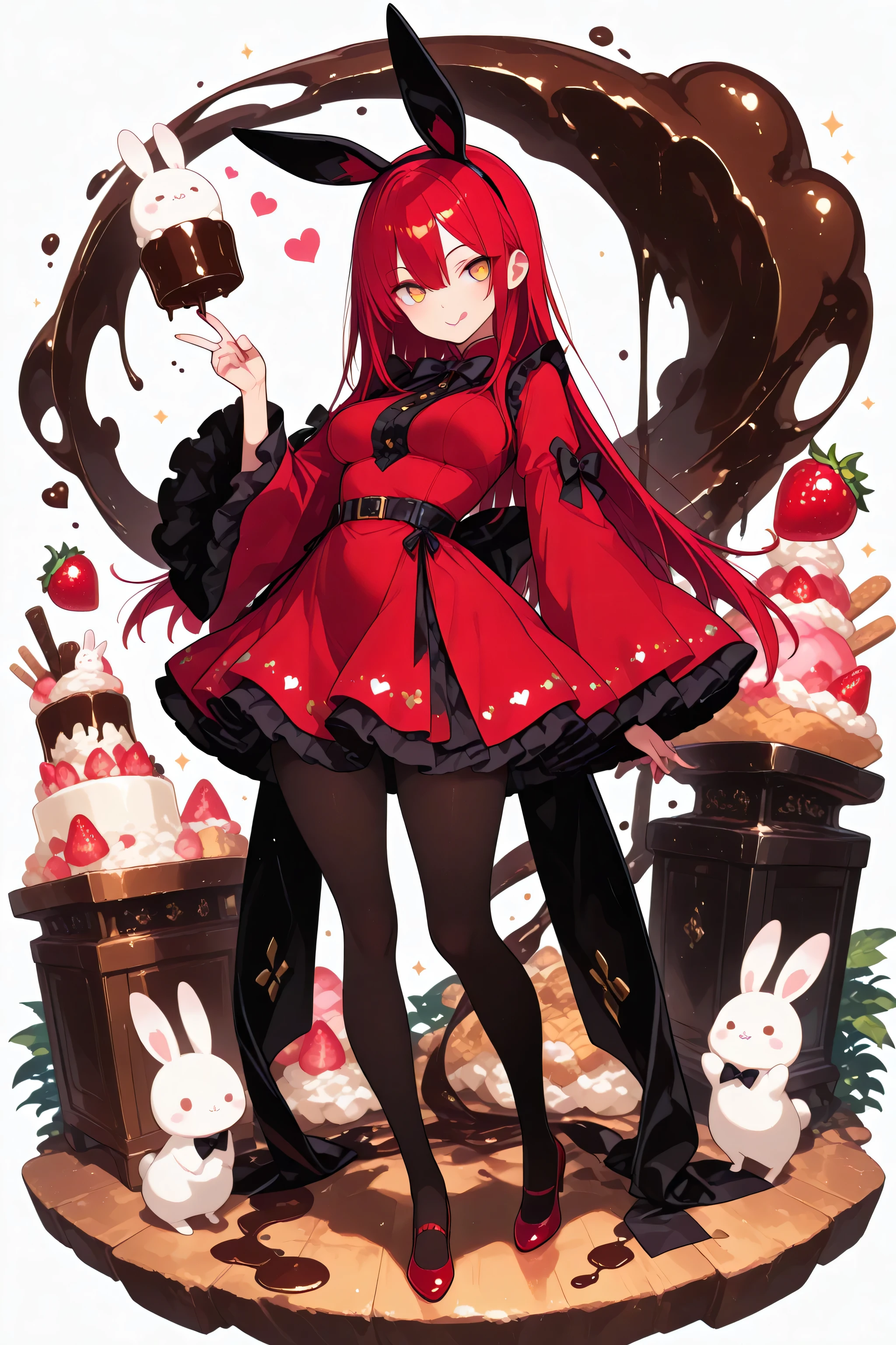 masterpiece, best quality, amazing quality, very aesthetic, full body, 1 woman, golden eyes , very long hair , long sidelocks, red hair , half upon, medium breasts , petite , very cute , beautiful ,Straight hair, cool, handsome, hair between eyes, confident, lovely, ta fashion, sweet ta, black bow, black ribbon, ribbon, frills, black bowtie, long sleeves, wide sleeves, frilled sleeves, frilled dress, red dress, black pantyhose, red shoes, solo, blush, closed mouth, v , tongue, tongue out, looking at viewer, hand up, 1other, white rabbit, food, strawberries, strawberry splash, Chocolate pieces, cream, depth of field, white background