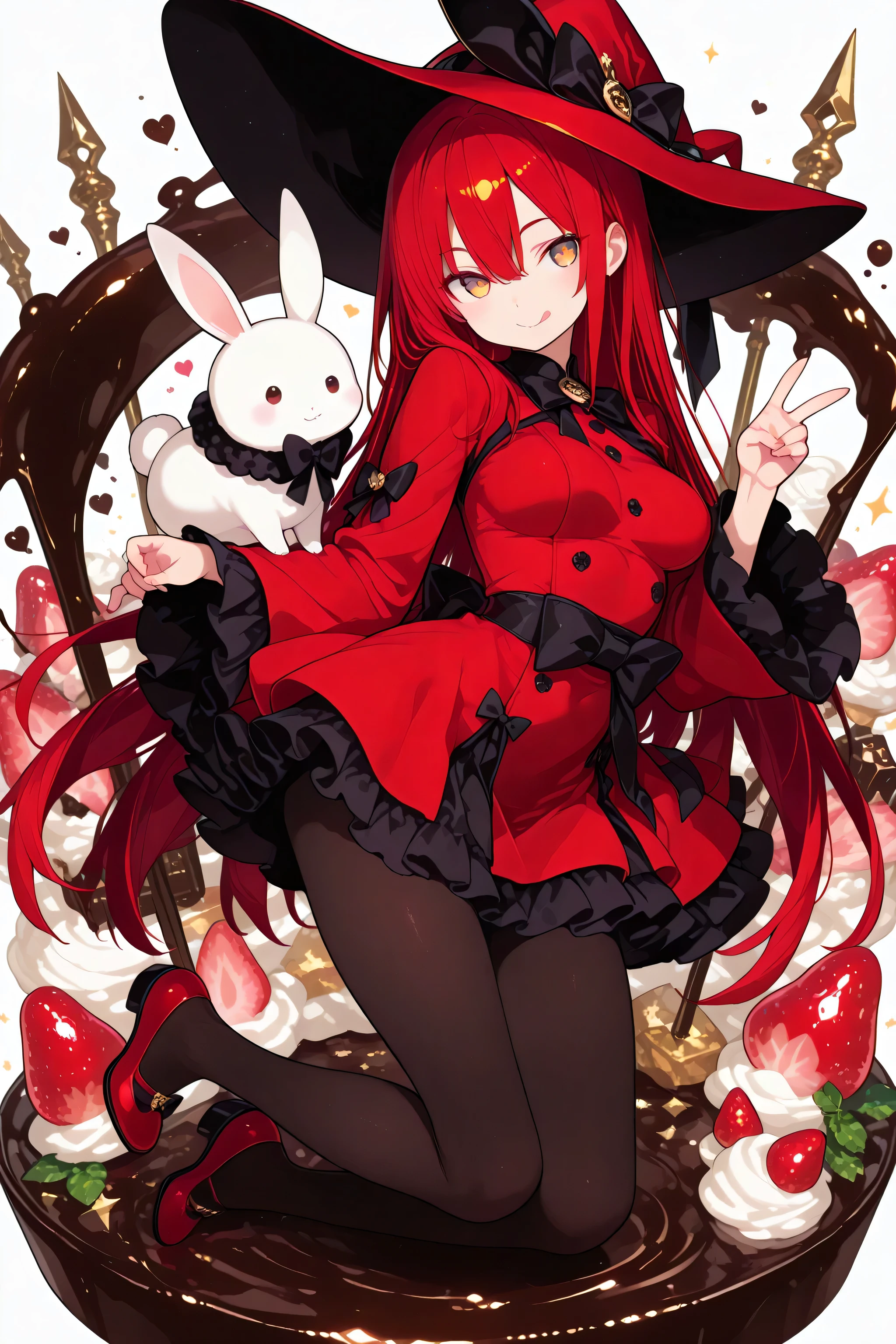 masterpiece, best quality, amazing quality, very aesthetic, full body, 1 woman, golden eyes , very long hair , long sidelocks, red hair , half upon, medium breasts , petite , very cute , beautiful ,Straight hair, cool, handsome, hair between eyes, confident, lovely, ta fashion, sweet ta, black bow, black ribbon, ribbon, frills, black bowtie, long sleeves, wide sleeves, frilled sleeves, frilled dress, red dress, black pantyhose, red shoes, solo, blush, closed mouth, v , tongue, tongue out, looking at viewer, hand up, 1other, white rabbit, food, strawberries, strawberry splash, Chocolate pieces, cream, depth of field, white background