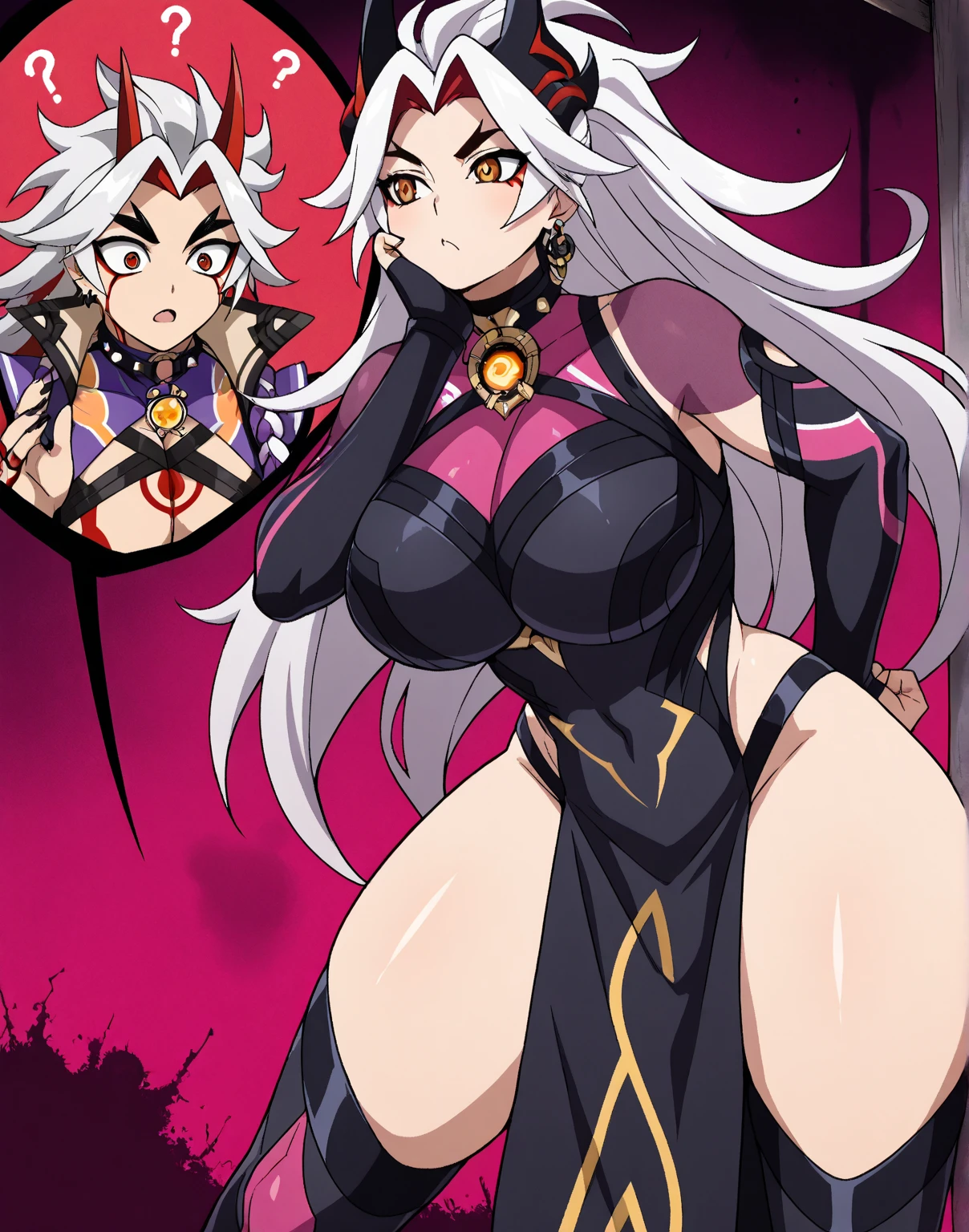 Brown skin,Pink Long Hair,heroic look,dark elves