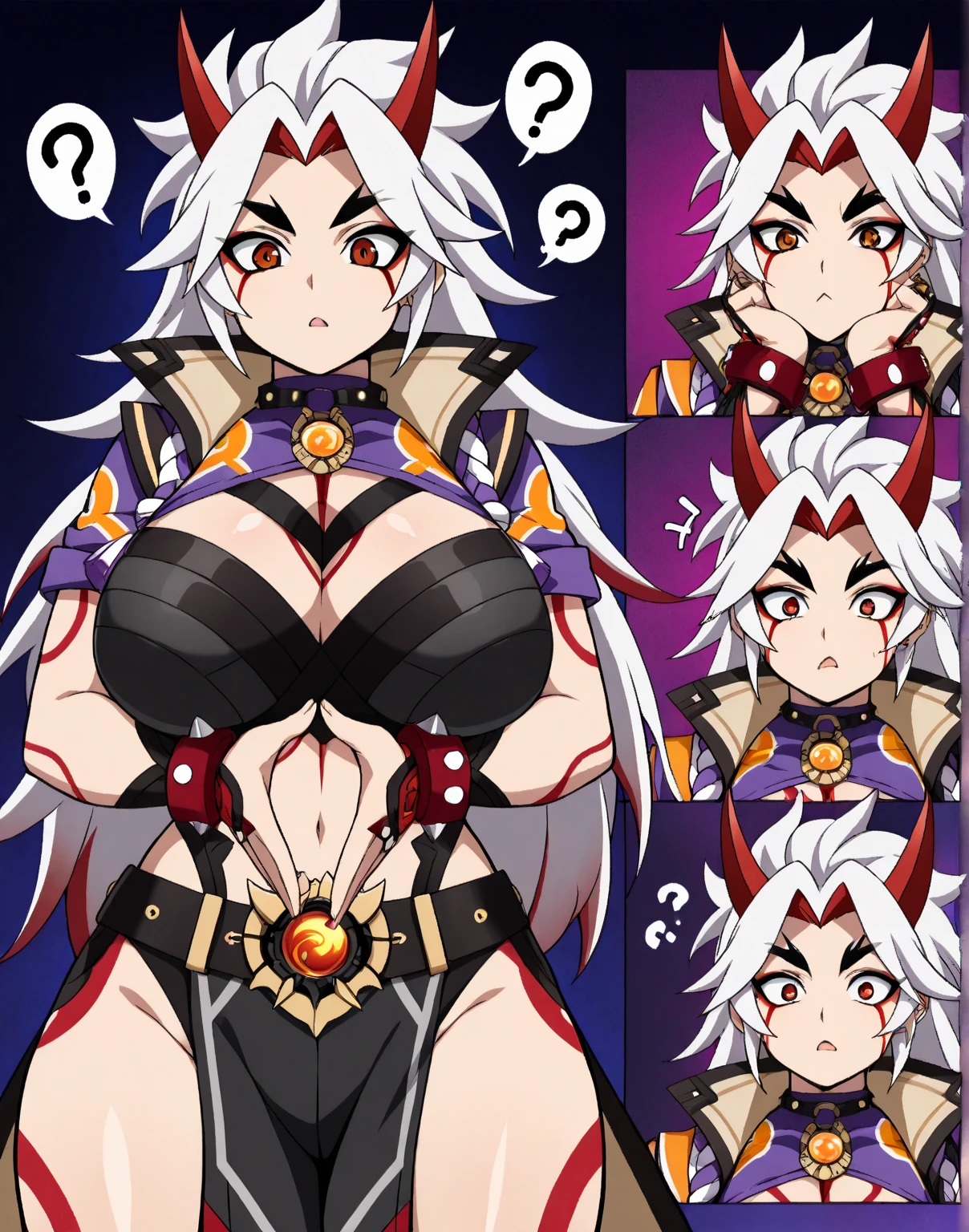 masterpiece, best quality, 3 girls, variety of hairstyles, ((white background)), full body, multiple views, succubus, dragon horn, white outfit, thong, shrug, leotard, cleavage, short tie,
