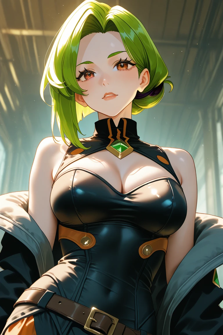 （best qualtiy，8K，32K，tmasterpiece，hyper HD：1.3），Green hair，1个Giant Breast Girl，perfect bodies，Super detailed face，Bust photo，Very small breasts，Black hair，Green clothes，upperbody closeup，Off-the-shoulder attire
