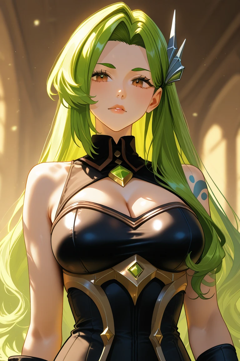 (Perfect Anatomy)、Mastepiece、Ultra High Quality、 8k、masterpiece、Highest quality、Ultra-high resolution、Maximum resolution、Very detailed、Professional Lighting、anime、woman、thin、Very beautiful face、Very beautiful eyes、(Highly detailed eye)、Highly detailed face、Blonde, (ahoge), wavy hair, Pink eyes, (gold hair green dip-dye hair), stomach cutout, thigh boots, high heels, white mini pencil skirt, white off shoulder, makeup, eyeliner, eye shadow, pink cheek, pink lips, full body, 