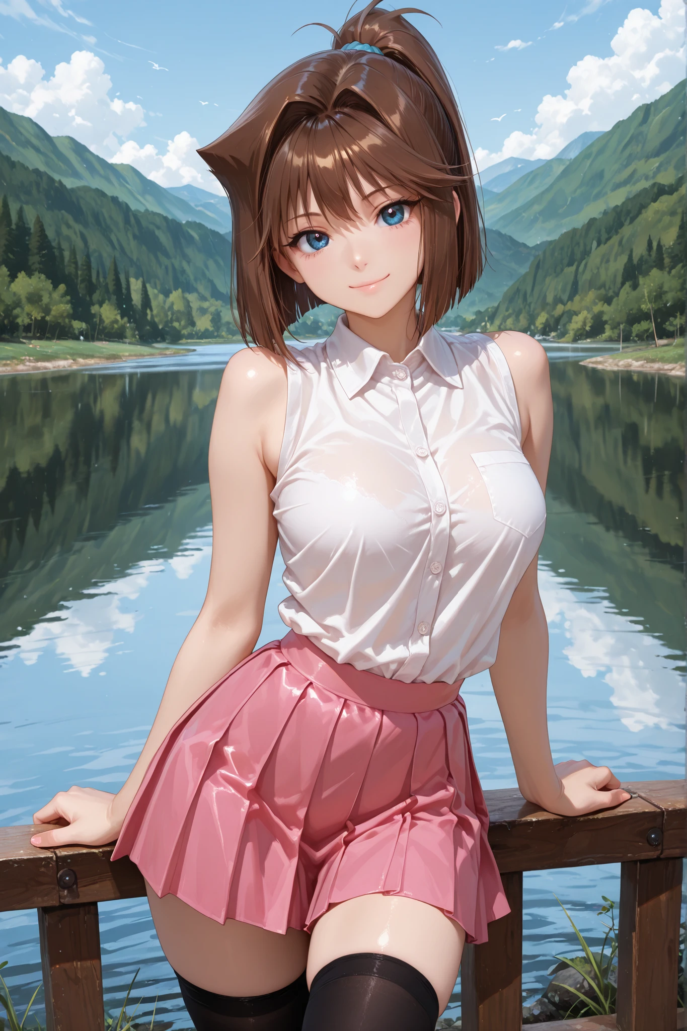 1girl, Anzu Mazaki, brown hair, blue eyes, ponytail, sleeveless shirt, pleated skirt, pink skirt, black thighhighs, near a lake, lake, beautiful smile, sensual, looking at the viewer, attractive, sensual pose, best quality, masterpiece, ultra detailed, very aesthetic
