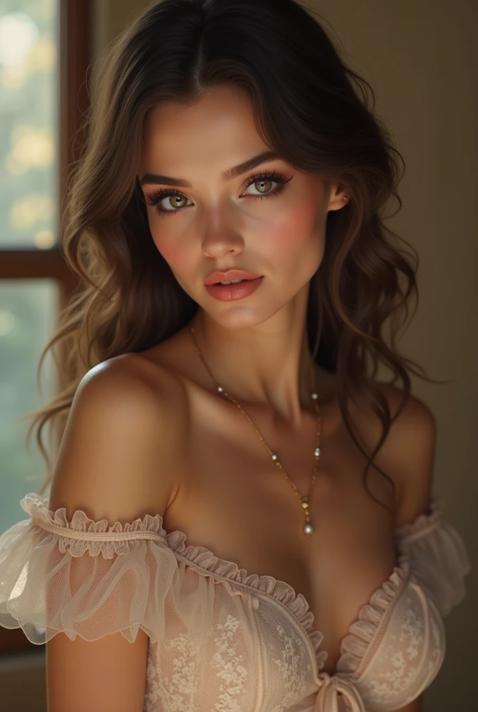 (((30 years))), beautiful woman, stunning, elegant,flowing dress, intricate lace details, delicate facial features, long eyelashes, piercing eyes, glossy lips, soft skin, graceful pose, serene expression, glowing warm lighting, cinematic composition,